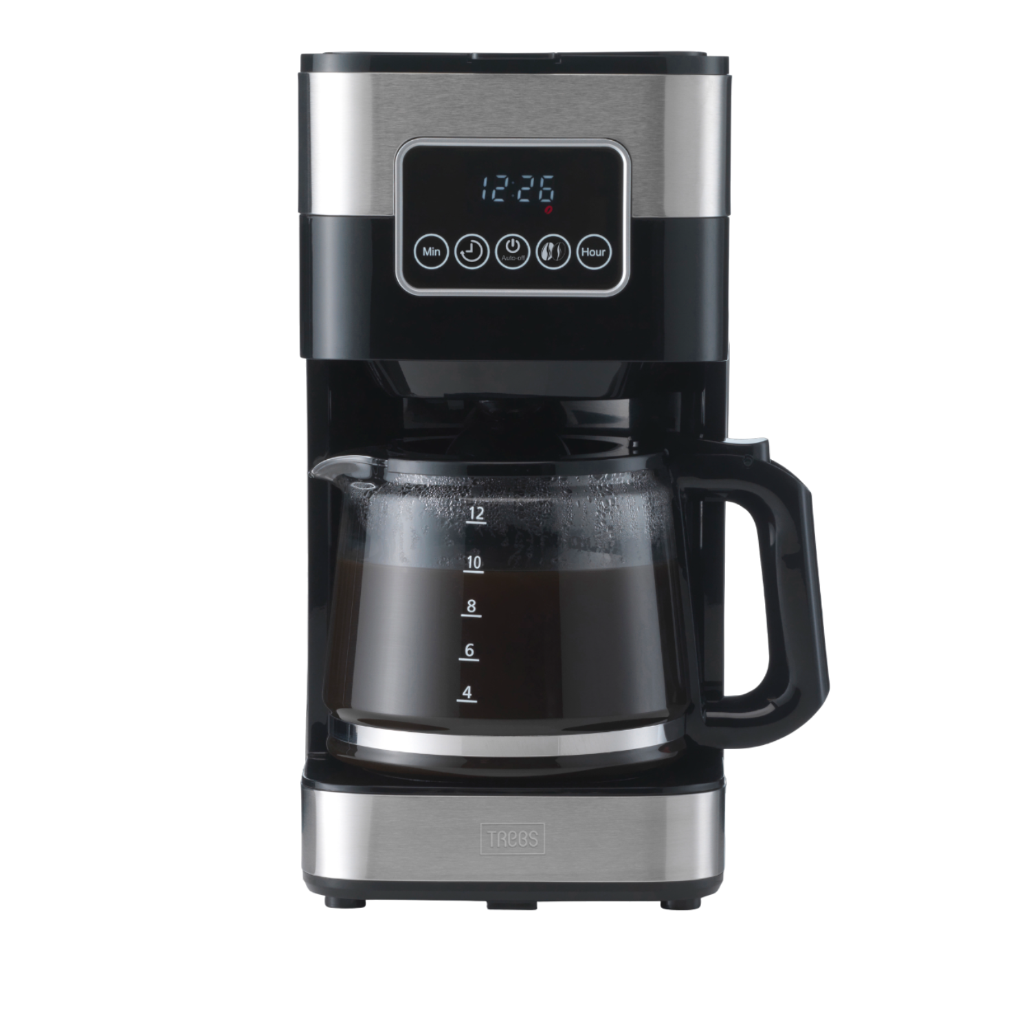 Cafetera moderna negra y plateada con pantalla digital y jarra de vidrio llena.