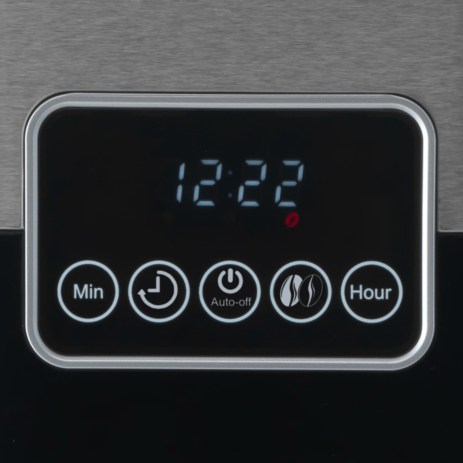 Pantalla digital que muestra 12:22 con cinco botones redondos debajo en metal cepillado.