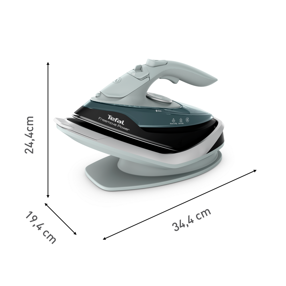 Tefal Freemove Power Bügeleisen auf Basis mit Maßangaben von 24,4 cm Höhe, 19,4 cm Breite und 34,4 cm Länge.