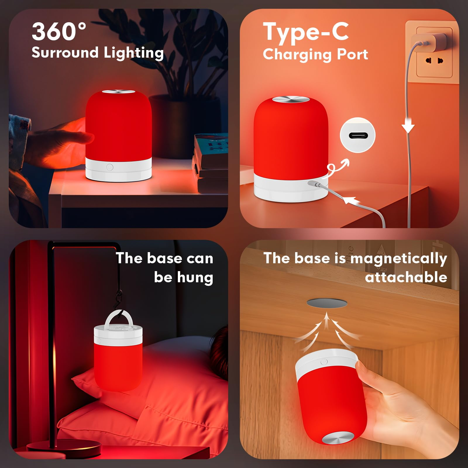 Vier Bilder zeigen eine rote zylindrische Lampe mit Ladeanschluss, Aufhängeclip und magnetischer Basis.