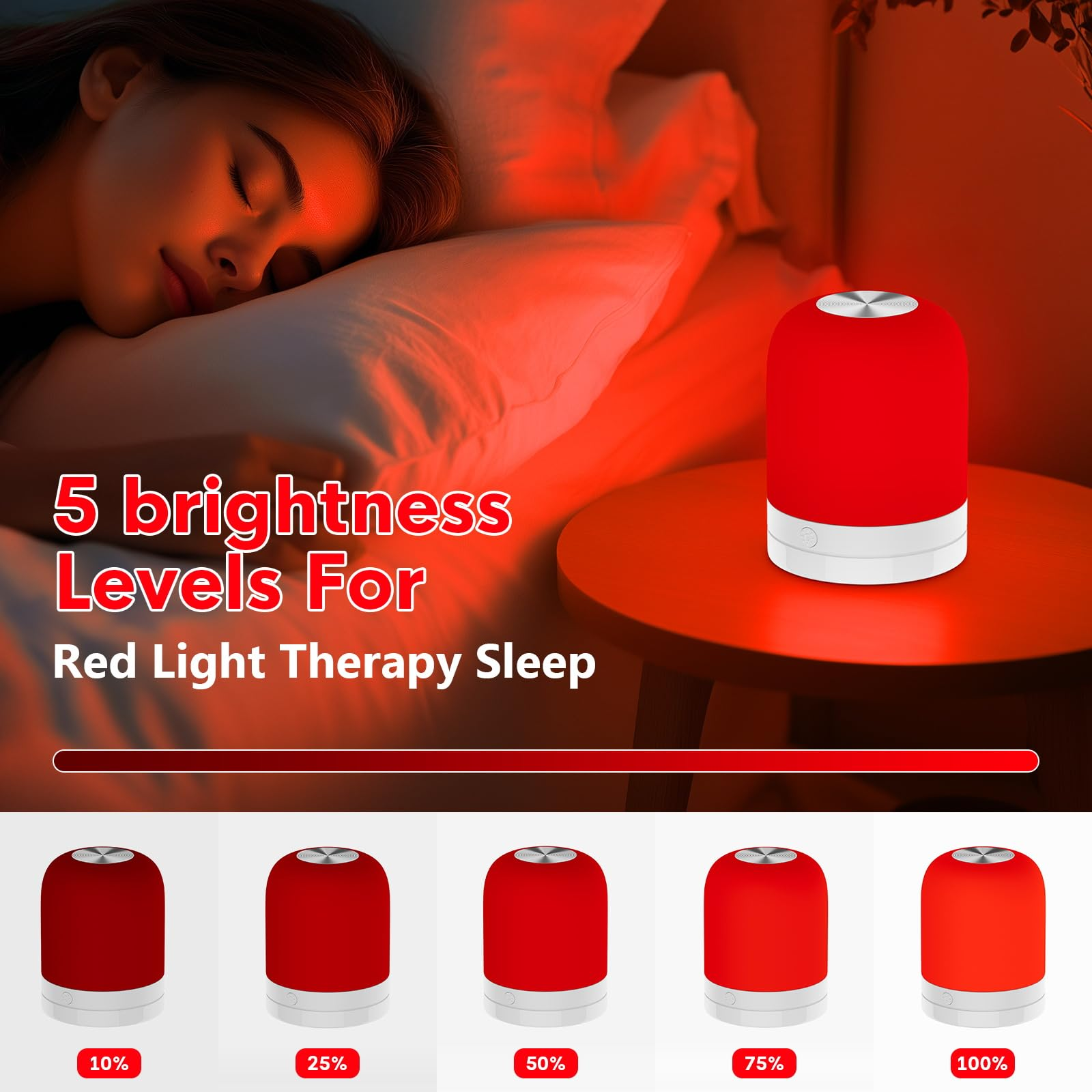 Eine leuchtend rote Nachttischlampe auf einem Tisch neben einer schlafenden Frau, mit fünf Helligkeitsstufen unten.