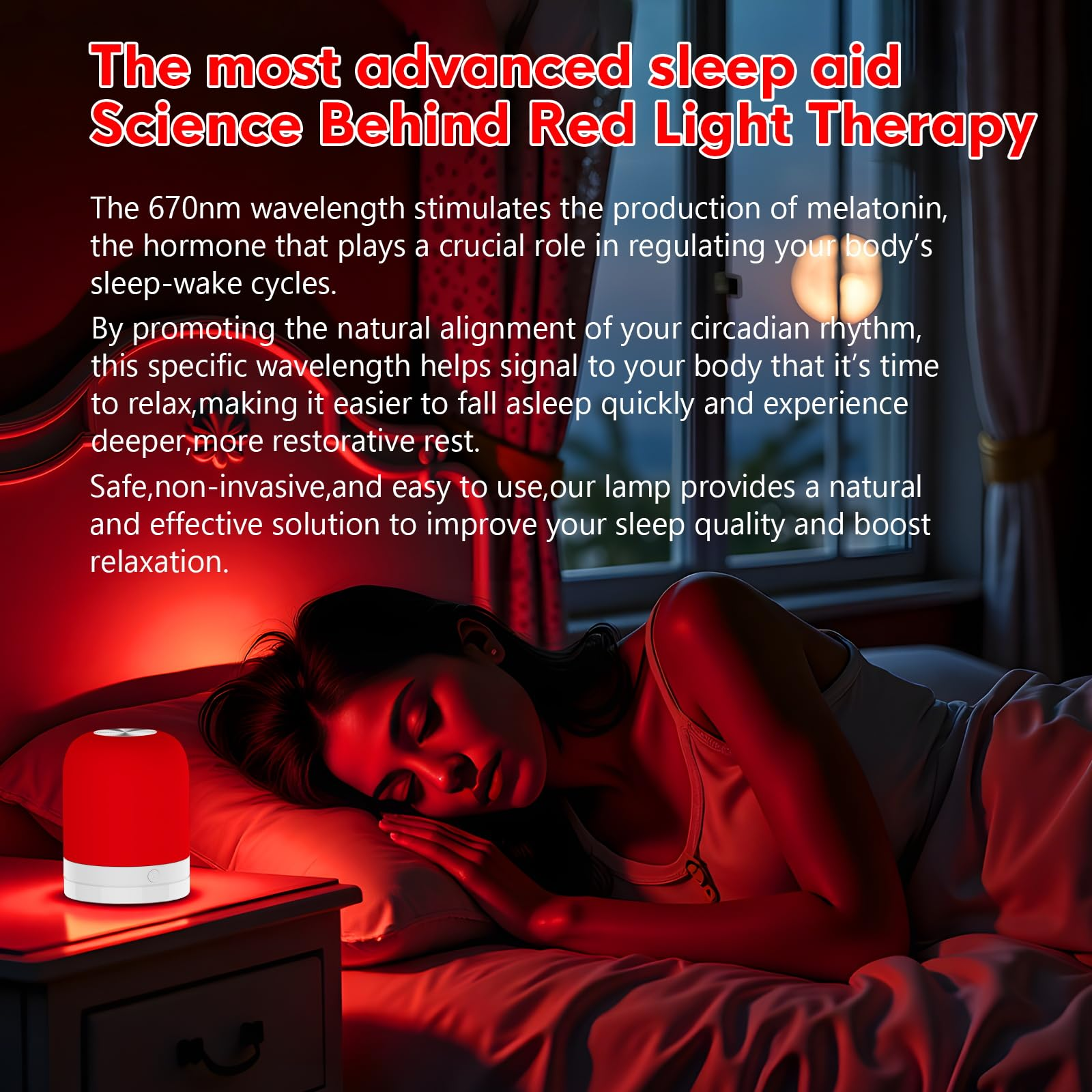 Eine Frau schläft in einem Bett mit rotem Licht aus einer Nachttischlampe.