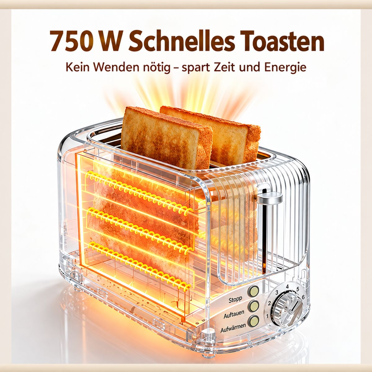 Transparenter Toaster mit goldenen Toasts und warmem Glühen.