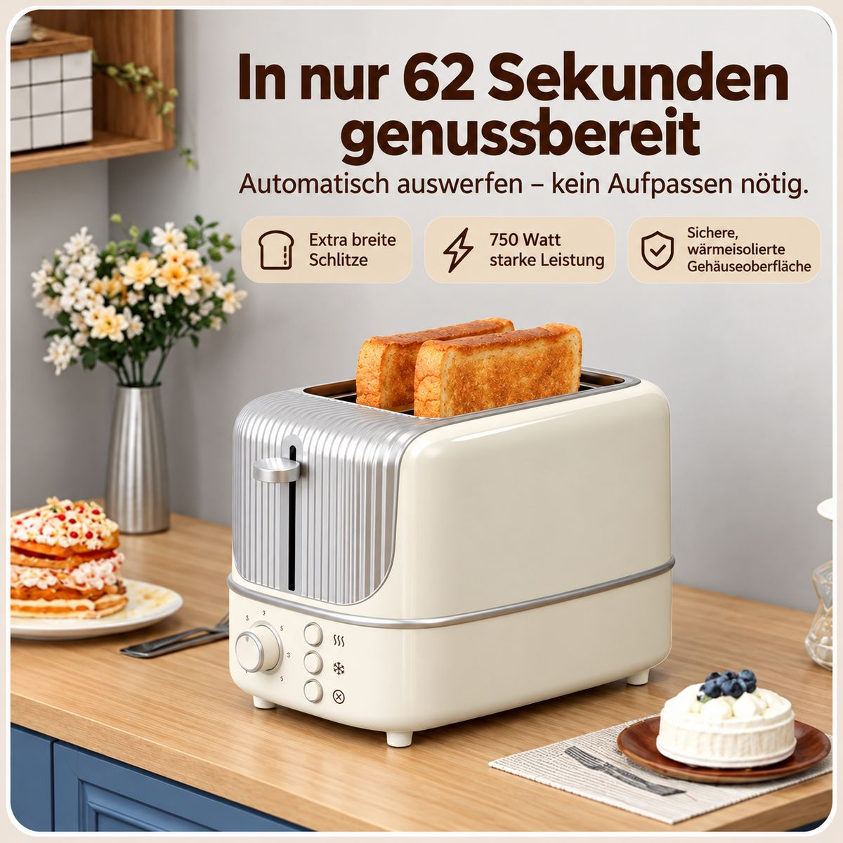 Ein beiger Toaster mit zwei gebräunten Brotscheiben steht auf einer Holzarbeitsplatte in einer Küche mit Textoverlay.