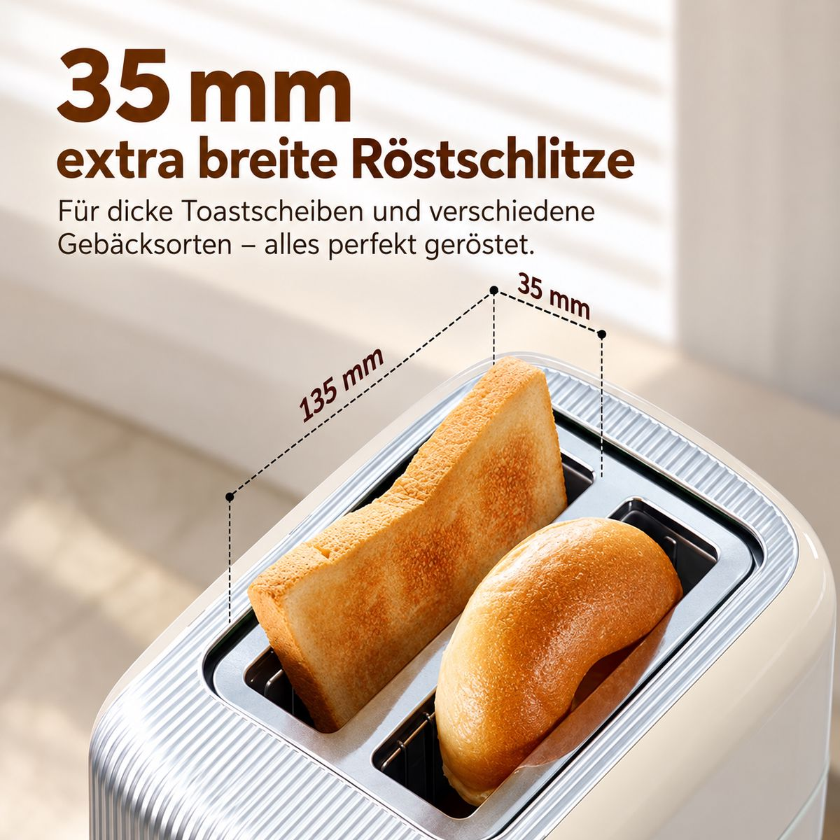 Ein Toaster mit extra breiten Schlitzen zeigt Toast und Gebäck, mit Maßangaben.