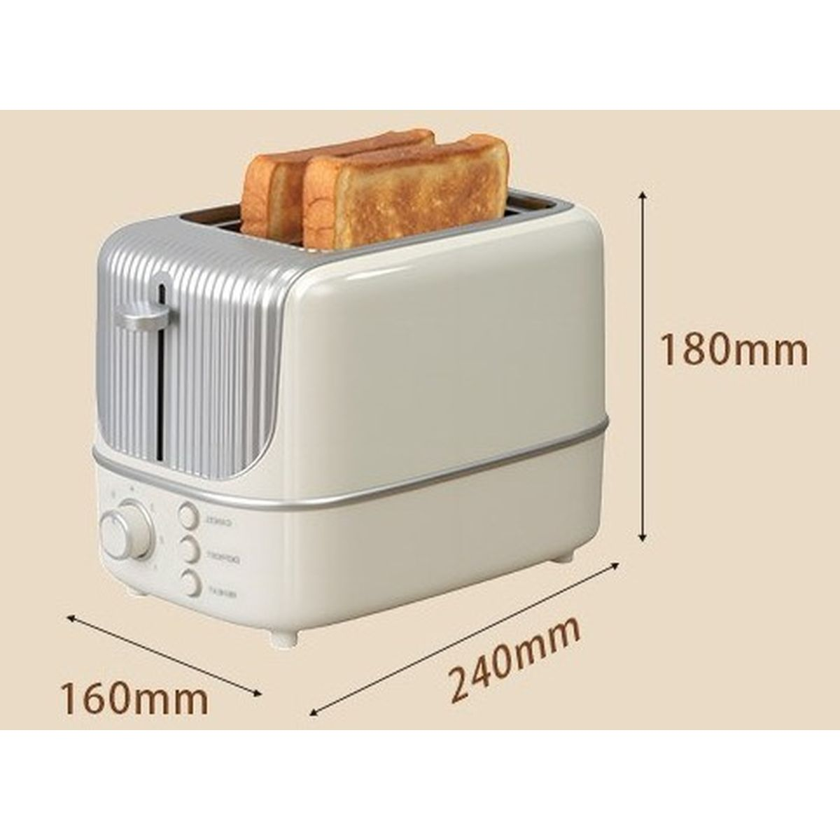 Ein beiger und silberner Toaster mit zwei Toastscheiben und Maßangaben von 180mm, 240mm und 160mm.