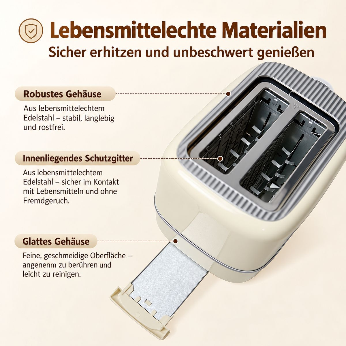 Ein beiger Toaster mit Edelstahl-Details und deutscher Produktbeschreibung für sichere Materialien.