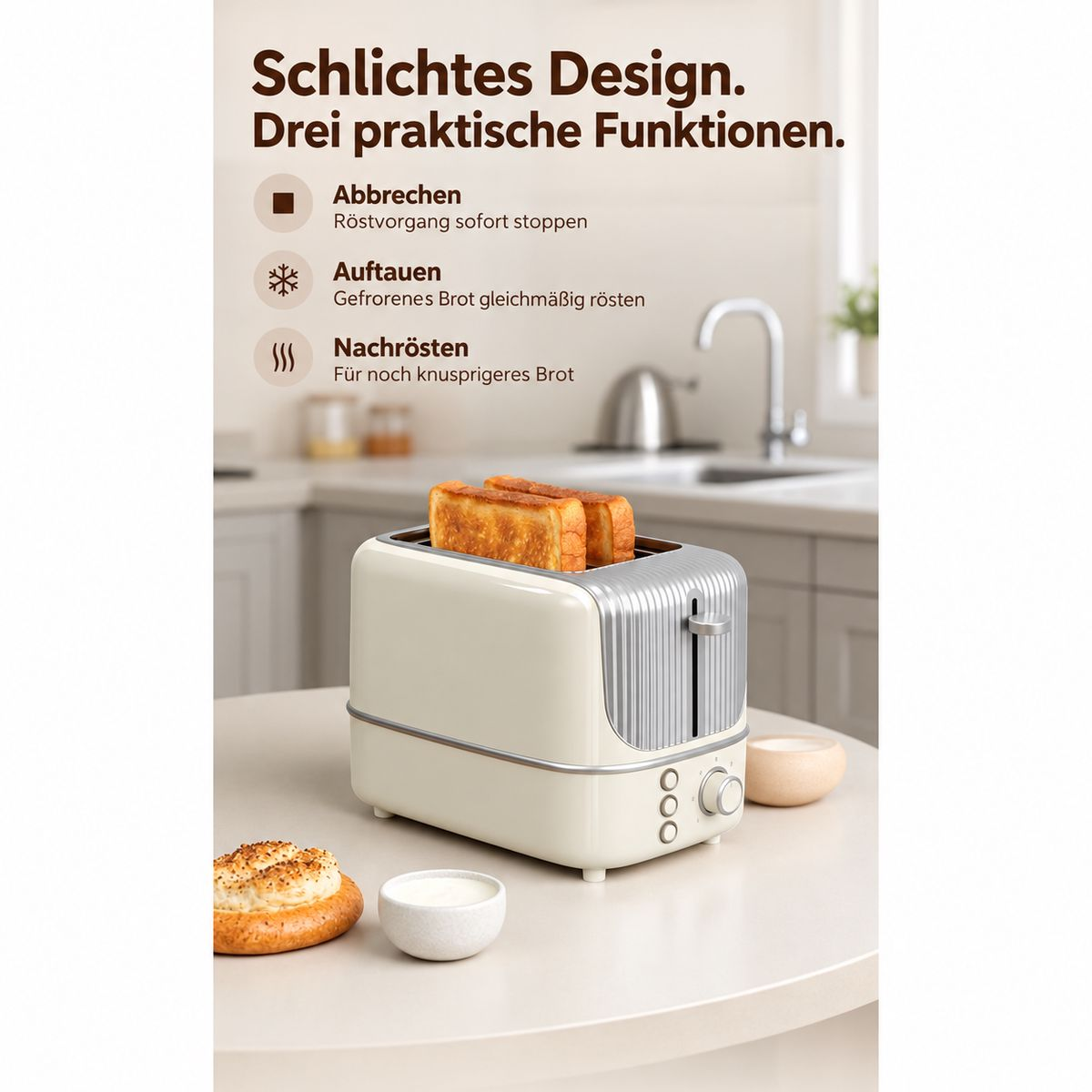 Ein Beigefarbener Retro-Toaster auf einem Tisch in einer Küche, mit zwei Toastscheiben und Text oben.
