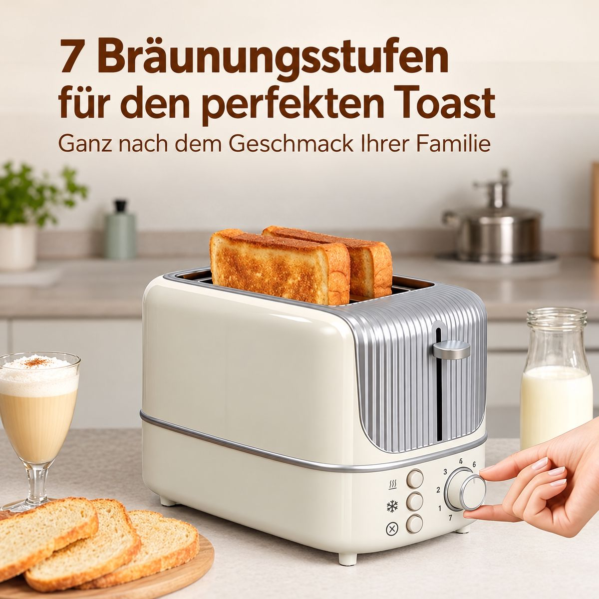 Ein beiger Toaster mit zwei getoasteten Brotscheiben steht auf einer Küchentheke. Eine Hand bedient den Drehknopf.