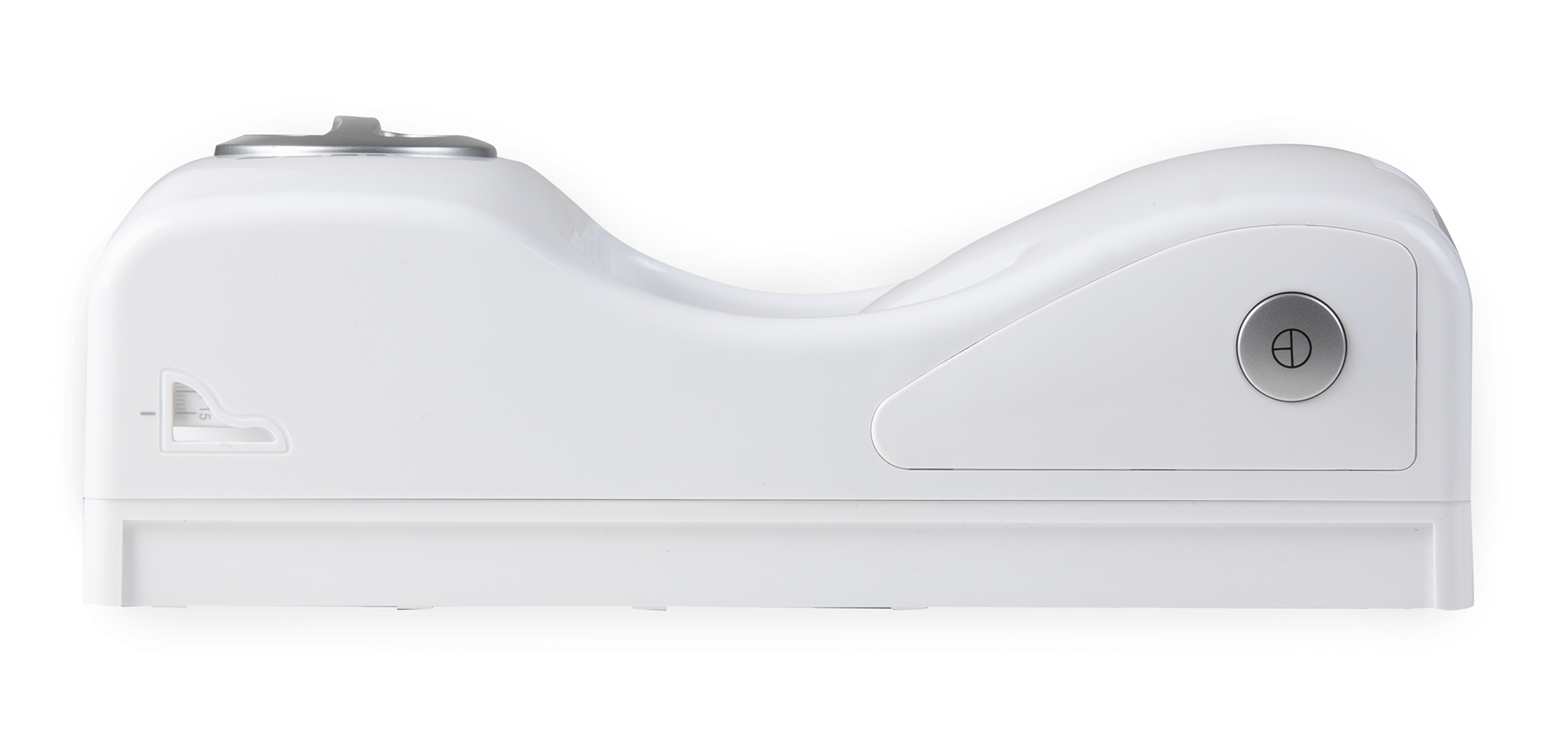 Ein weißes ergonomisches Medizingerät mit einem runden silbernen Einschaltknopf an der Seite vor weißem Hintergrund.