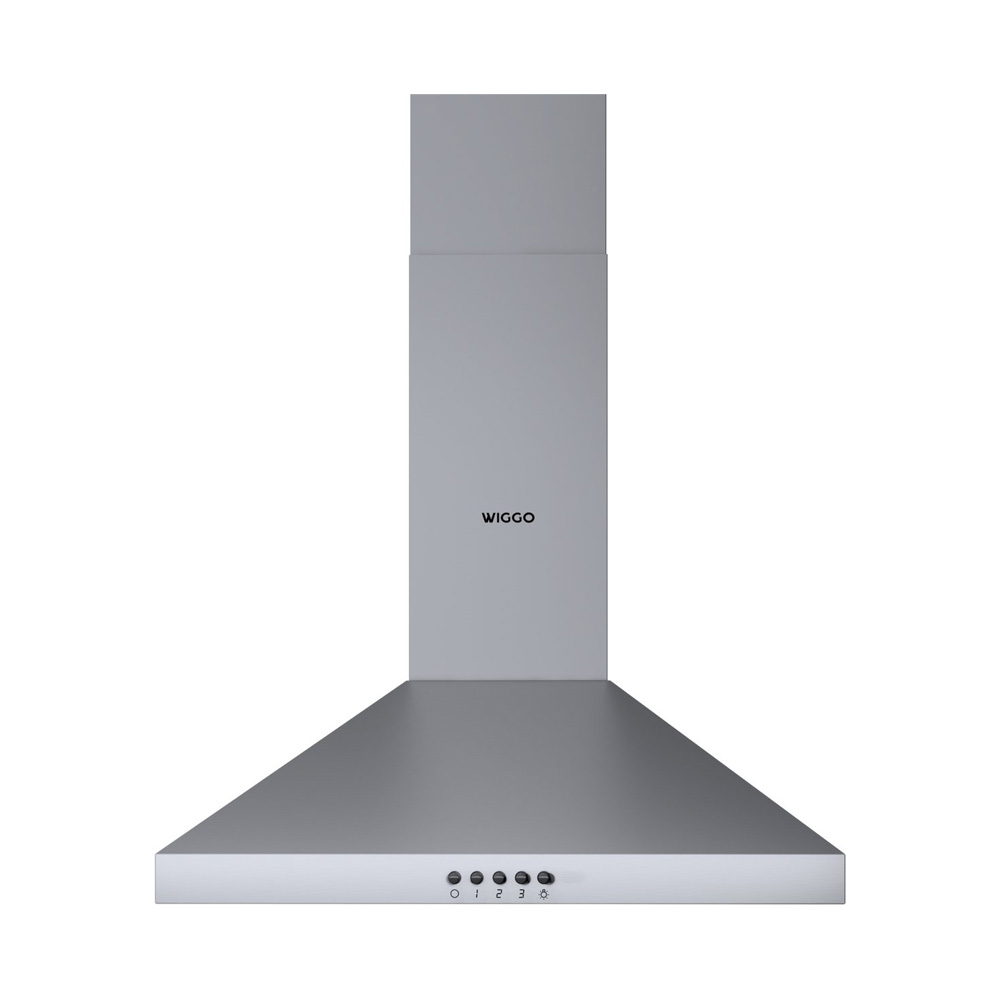 A silver Wiggo stainless steel wall mount range hood with push buttons.