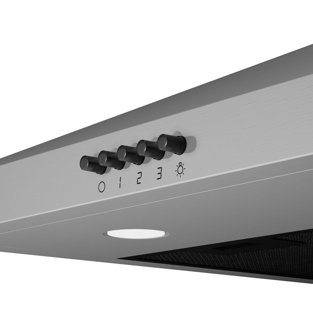 Stainless steel range hood with five black push buttons for speeds and light.