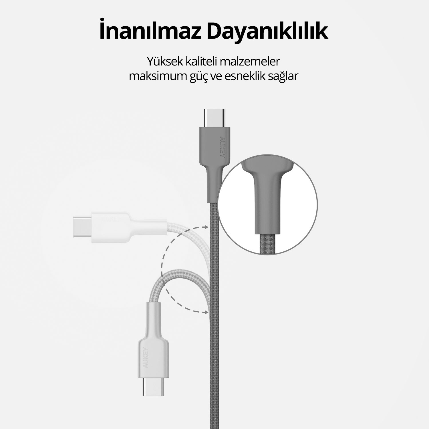 Esnek örgülü kılıfa ve güçlendirilmiş gerilim azaltıcıya sahip şarj kablosu.