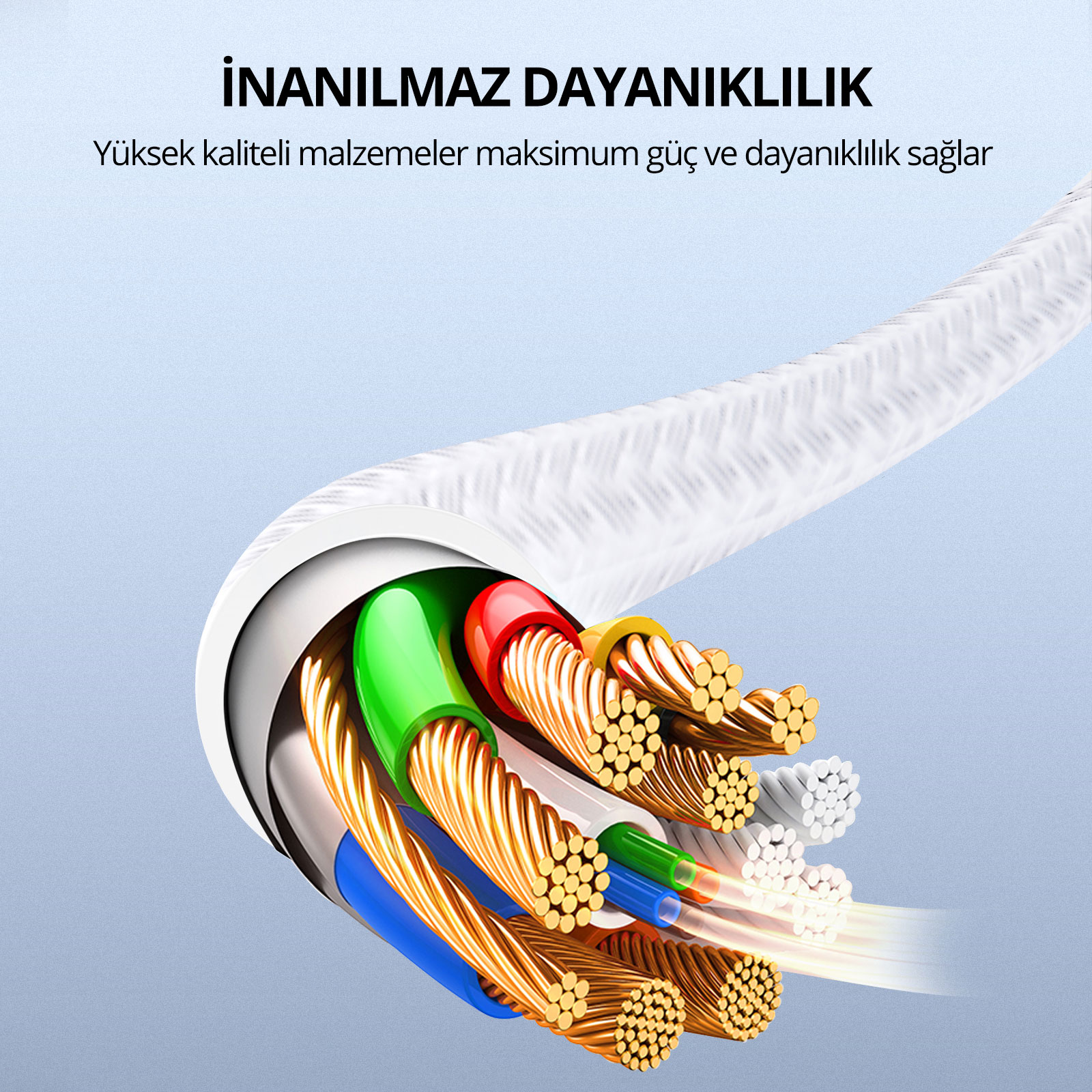 Beyaz bir kablonun kesiti, renkli iç telleri ve bakır kabloları gösteriyor.