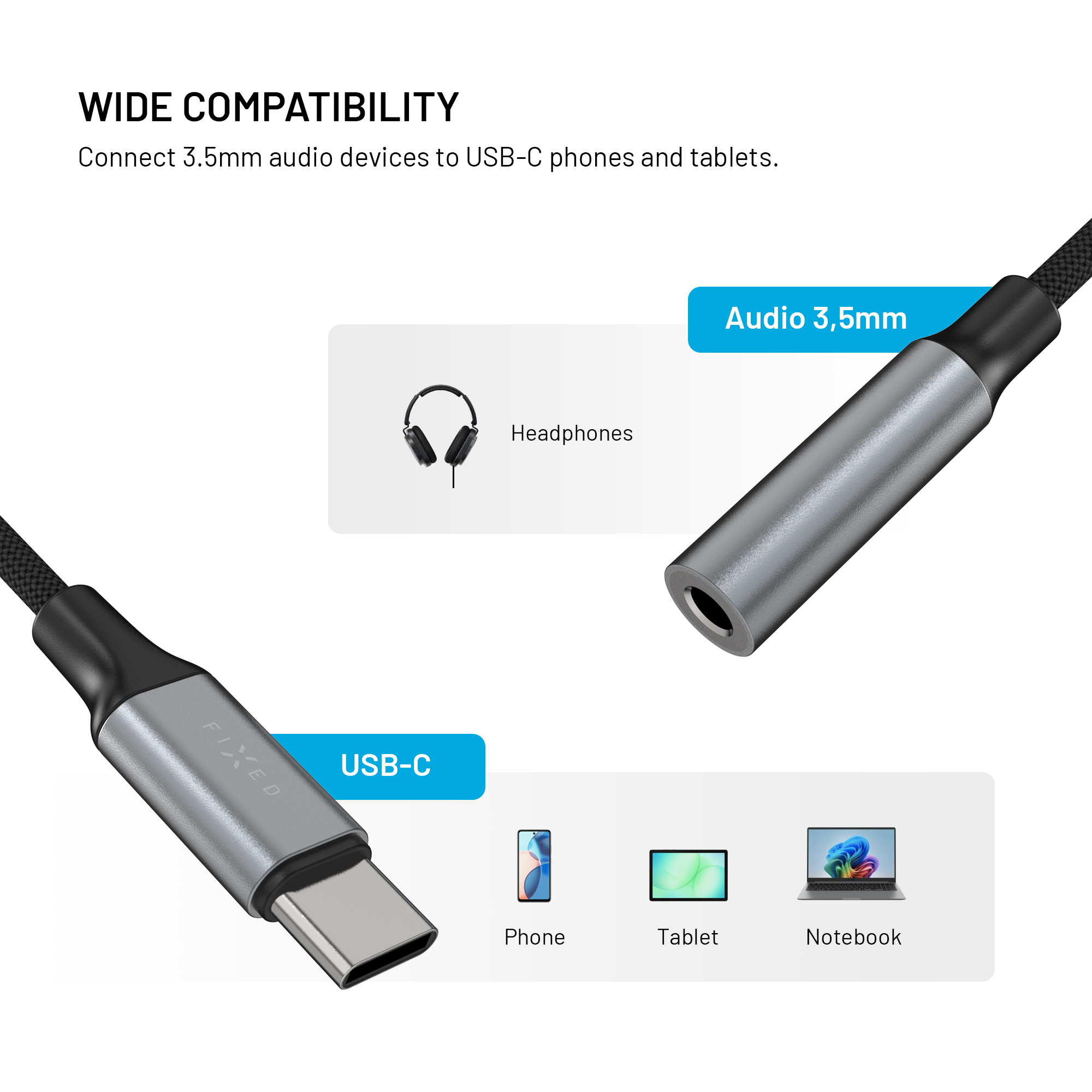USB-C zu 3,5-mm-Audioadapterkabel zum Verbinden von USB-C-Geräten mit Kopfhörern.