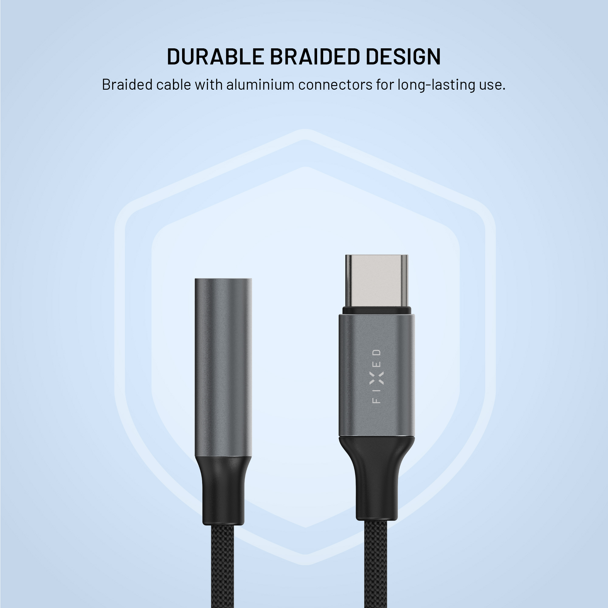 Langlebiges geflochtenes Kabel mit grauen Aluminiumanschlüssen und Text.