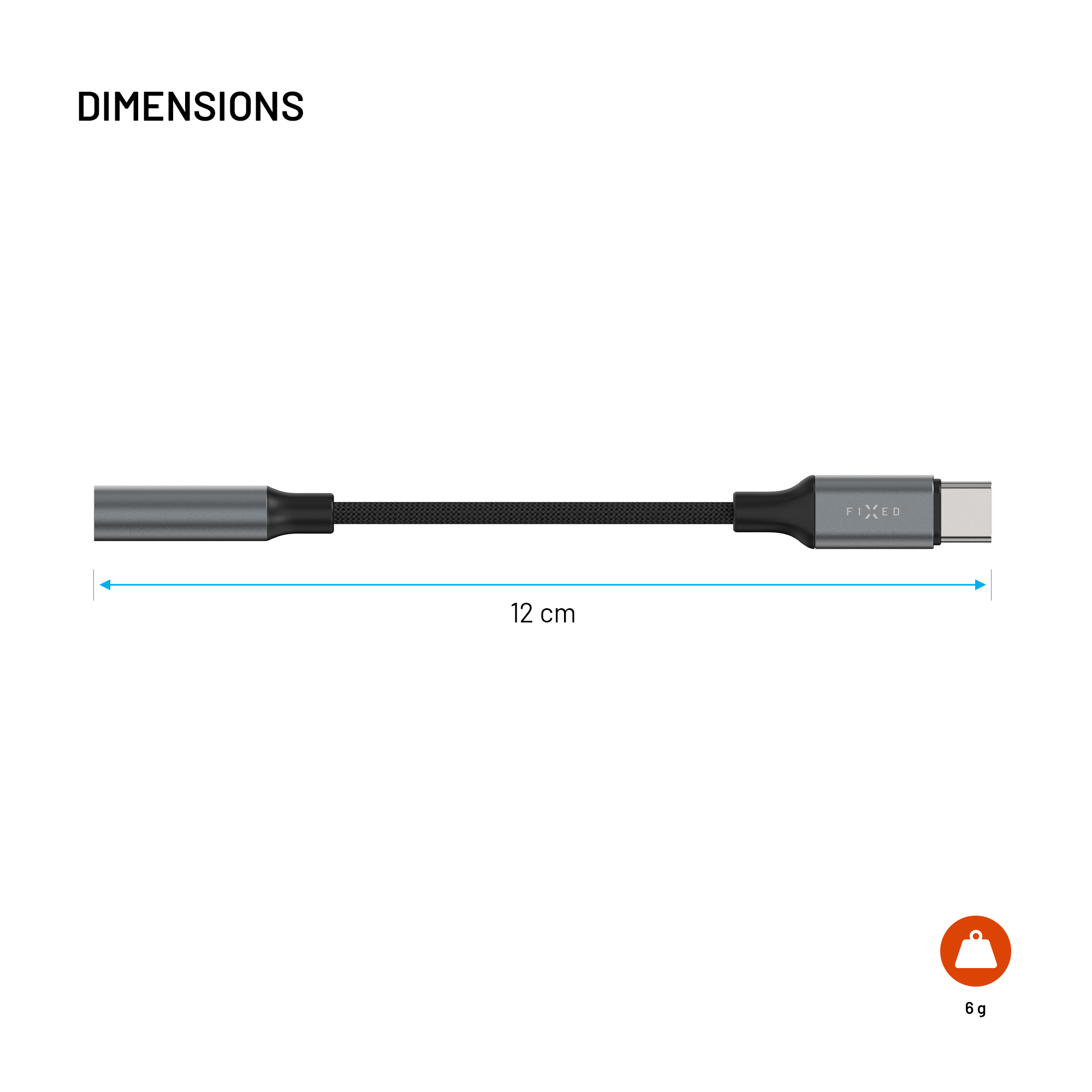 Ein 12 cm langes, 6 g schweres graues USB-Kabel mit Stecker und Buchse.