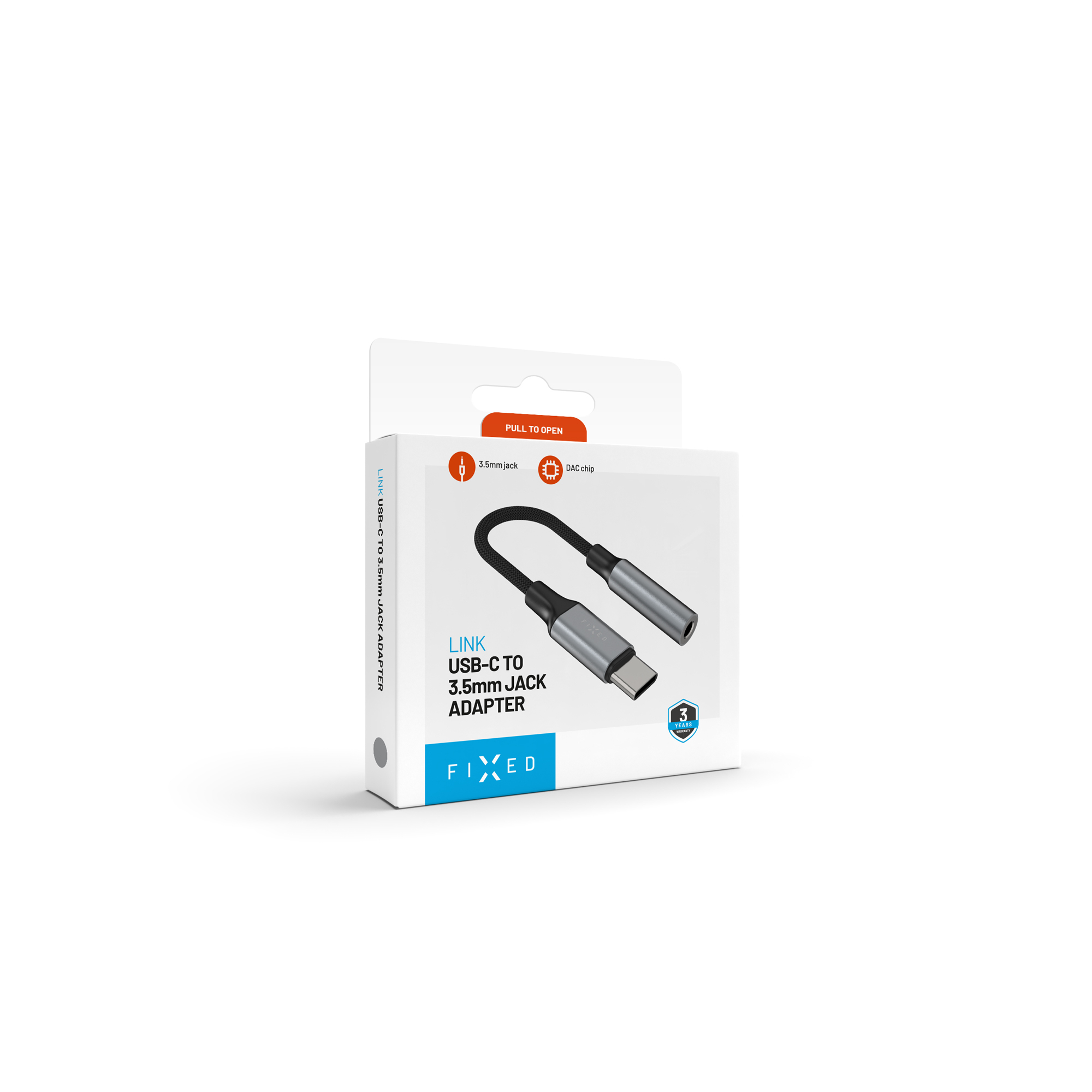 Produktverpackung für einen FIXED USB-C zu 3.5mm Klinkenadapter mit geflochtenem Kabel auf weißem Hintergrund.