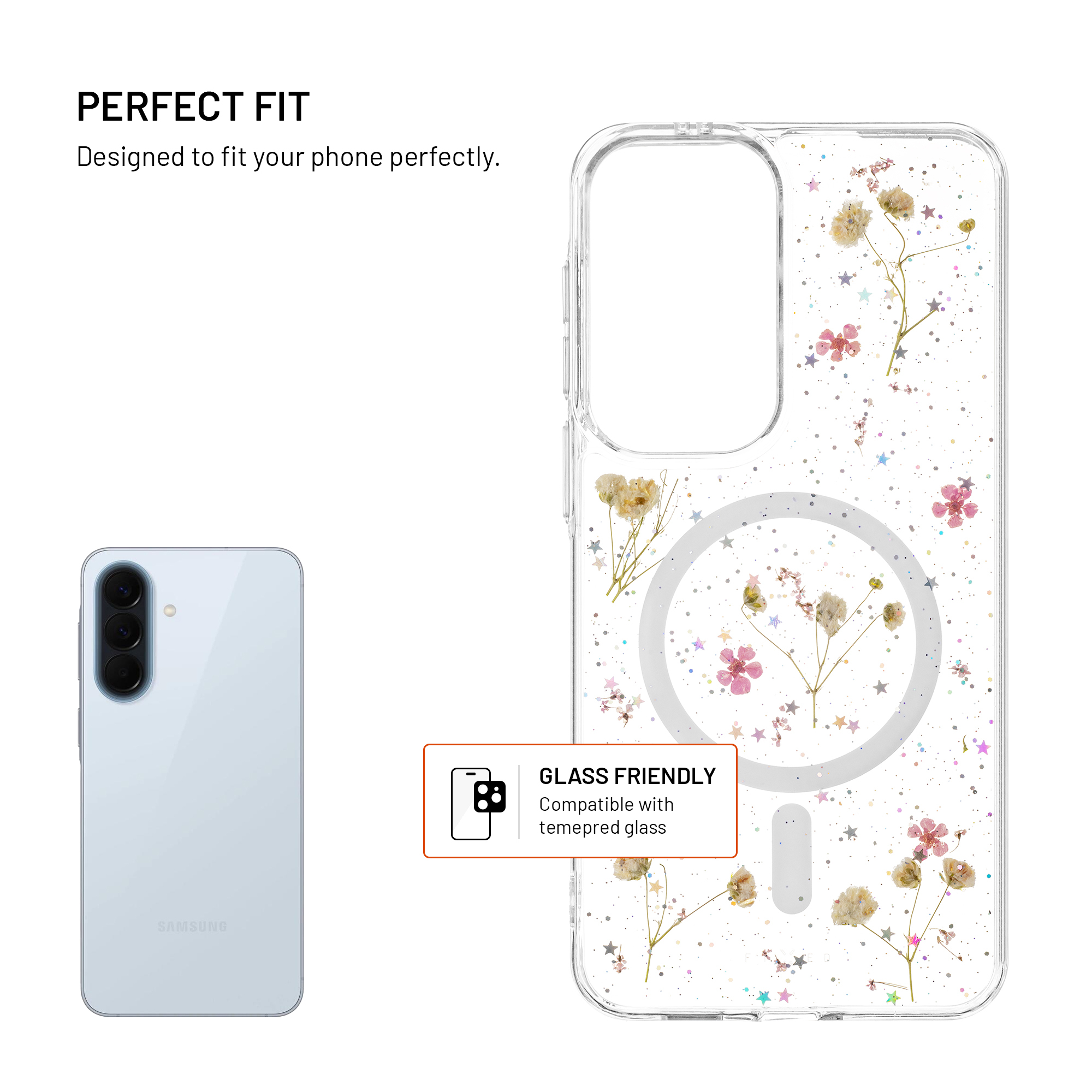 Transparente Handyschale mit gepressten Blumen und Glitzer neben einem blauen Smartphone, Text über perfekte Passform.