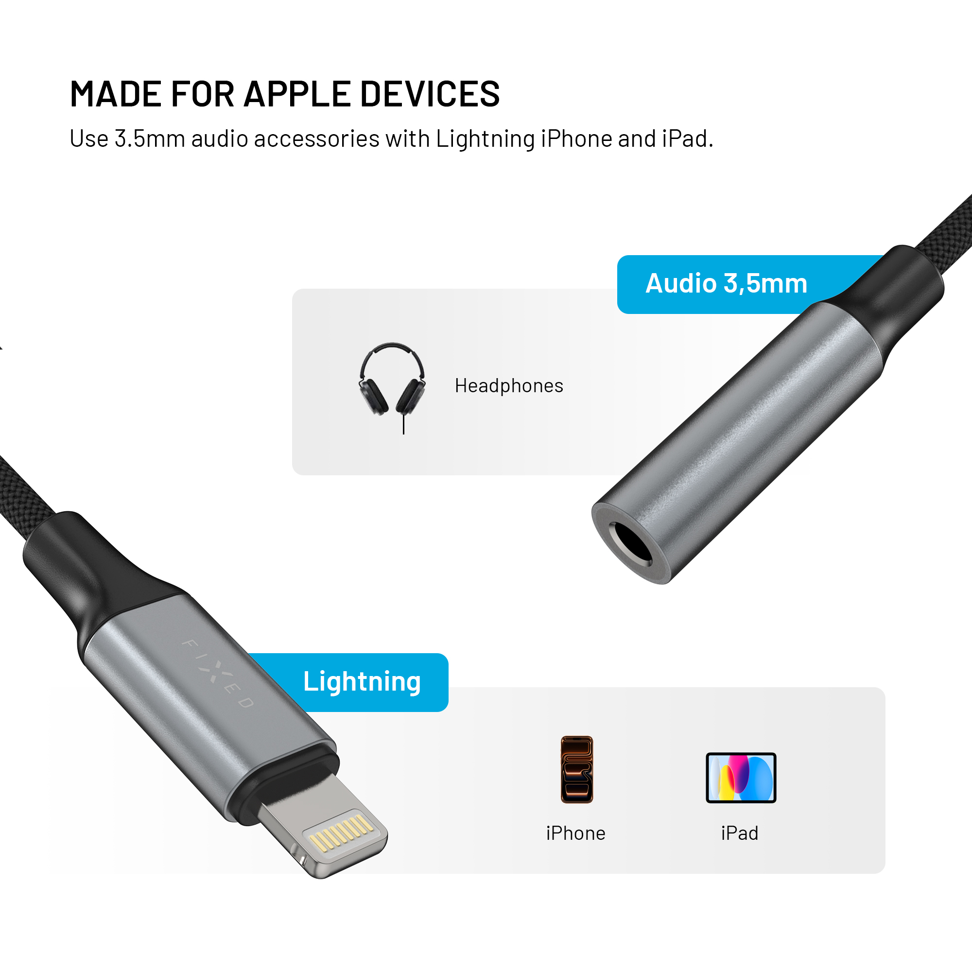 Lightning zu 3,5mm Klinke Adapter für Apple Geräte wie iPhone und iPad.