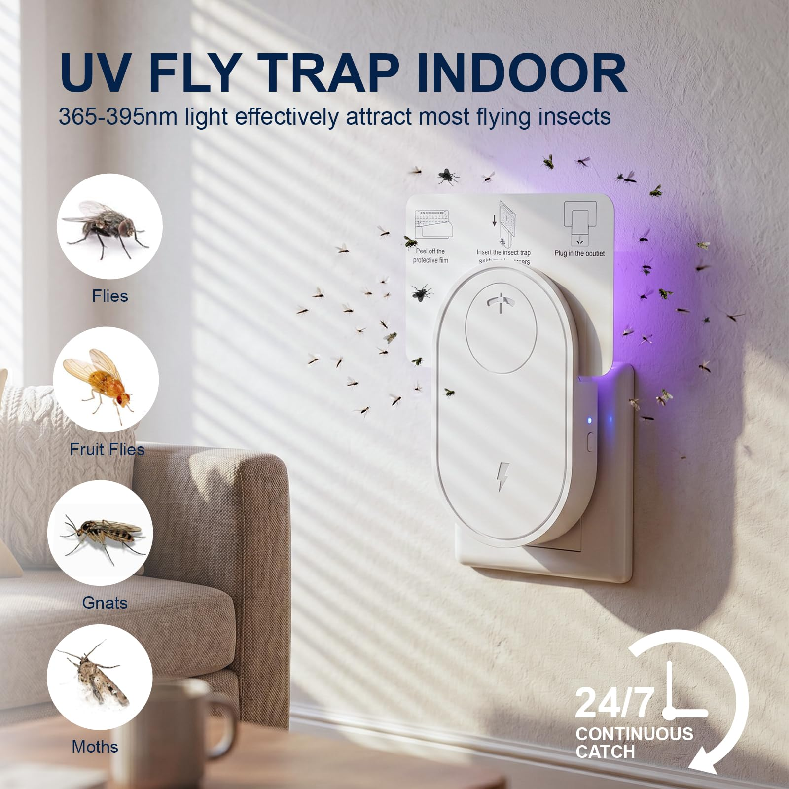 Ein UV-Fliegenfänger steckt in einer Wandsteckdose, umgeben von vielen gefangenen Insekten.