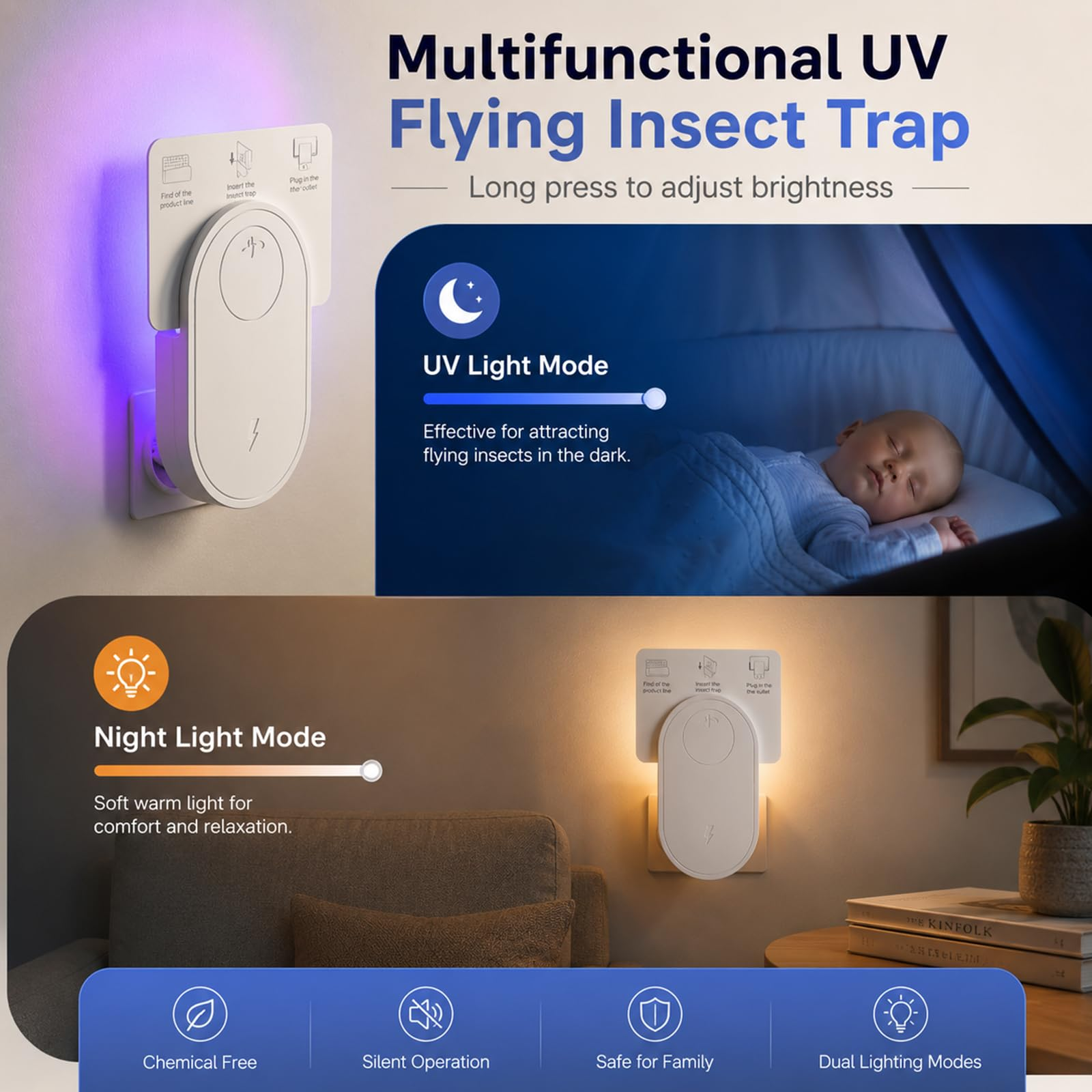 Multifunktionale UV-Insektenfalle mit Nachtlichtmodus, kinderfreundlich und chemiefrei.