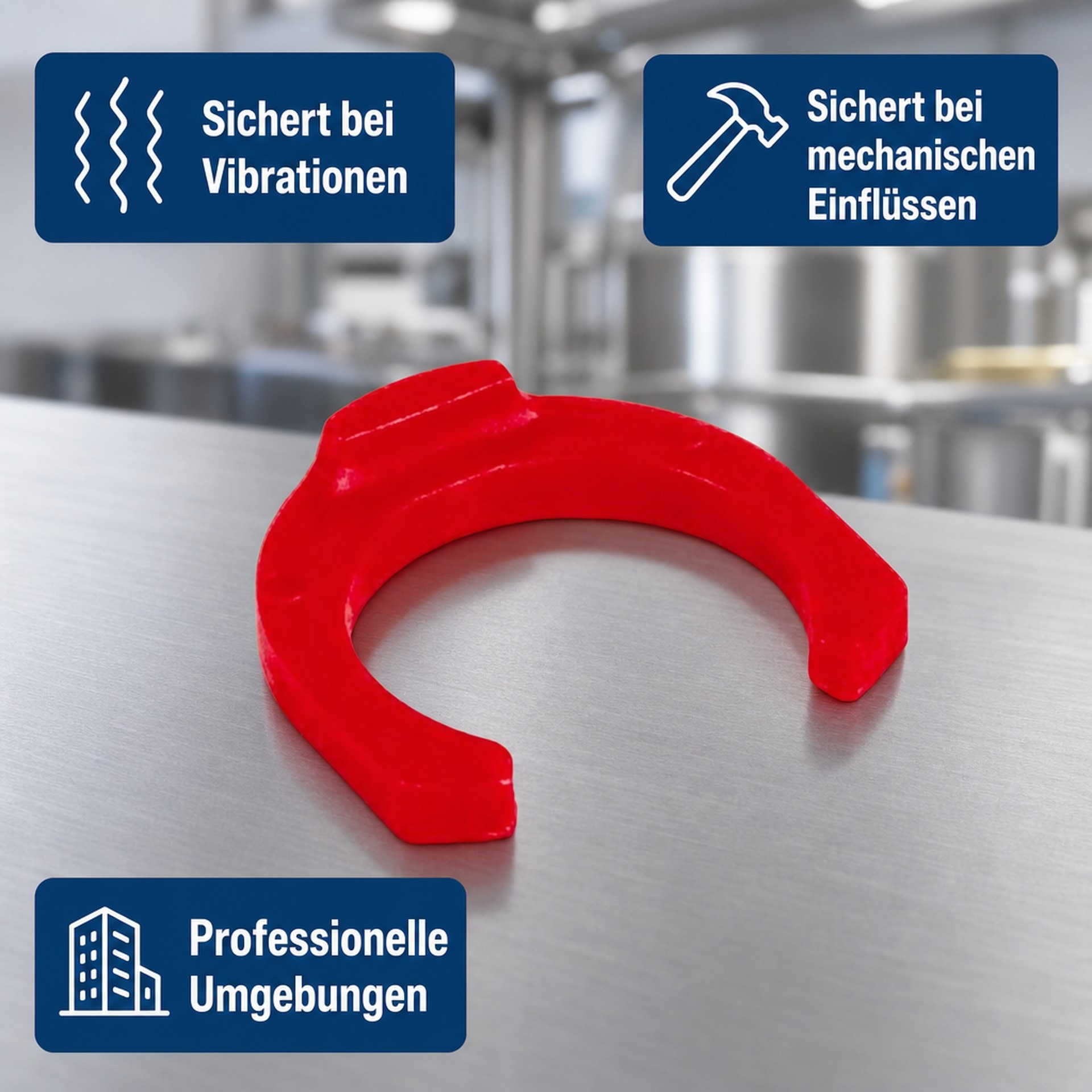 Roter Hufeisen-Stopper auf Metalloberfläche mit drei blauen Infoboxen.