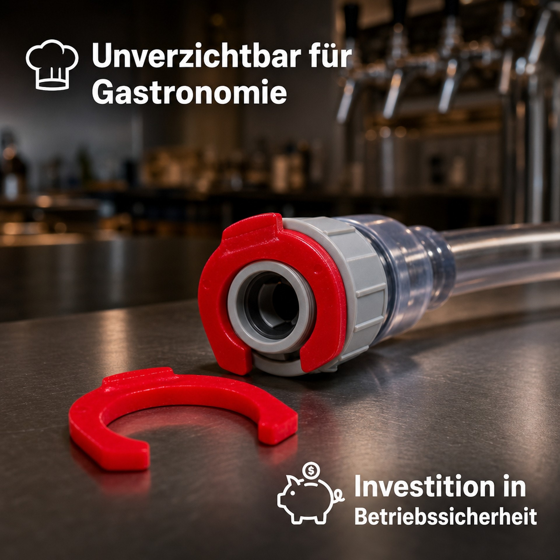 Ein roter Sicherungsring liegt neben einem Schlauchverbinder auf einer Edelstahloberfläche in einer Gastronomieküche.
