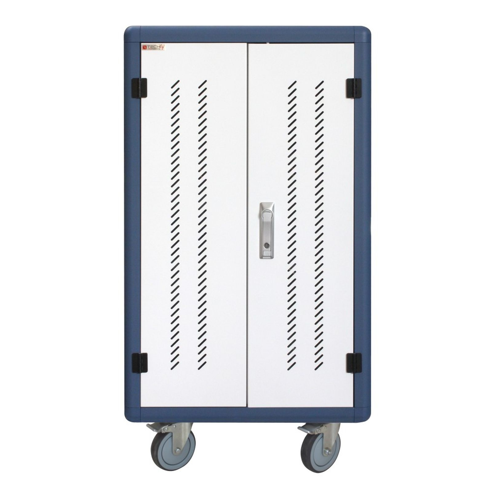 Ein blauer und weißer Metallschrank mit Lüftungsschlitzen und Rollen auf weißem Hintergrund.