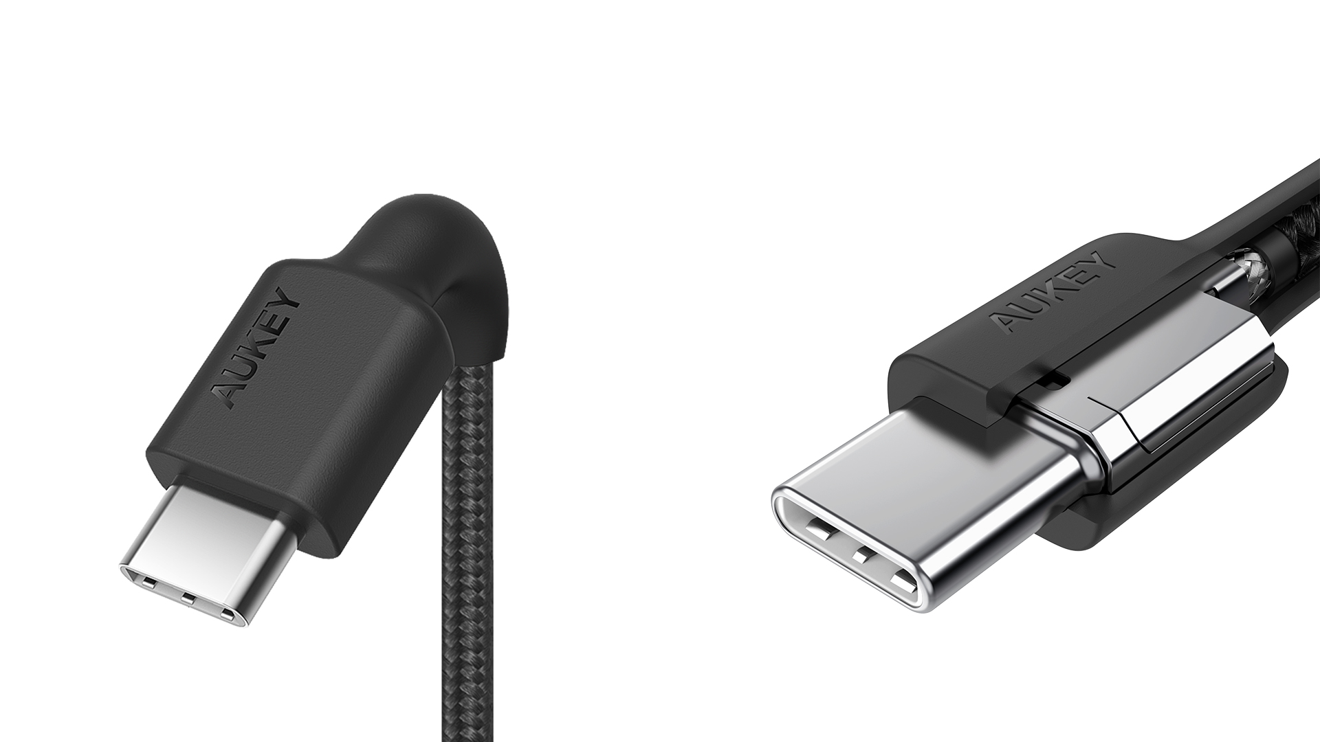 Beyaz arka planda siyah gövde üzerinde AUKEY logosu bulunan örgülü USB-C kablolarının iki yakın plan görüntüsü.