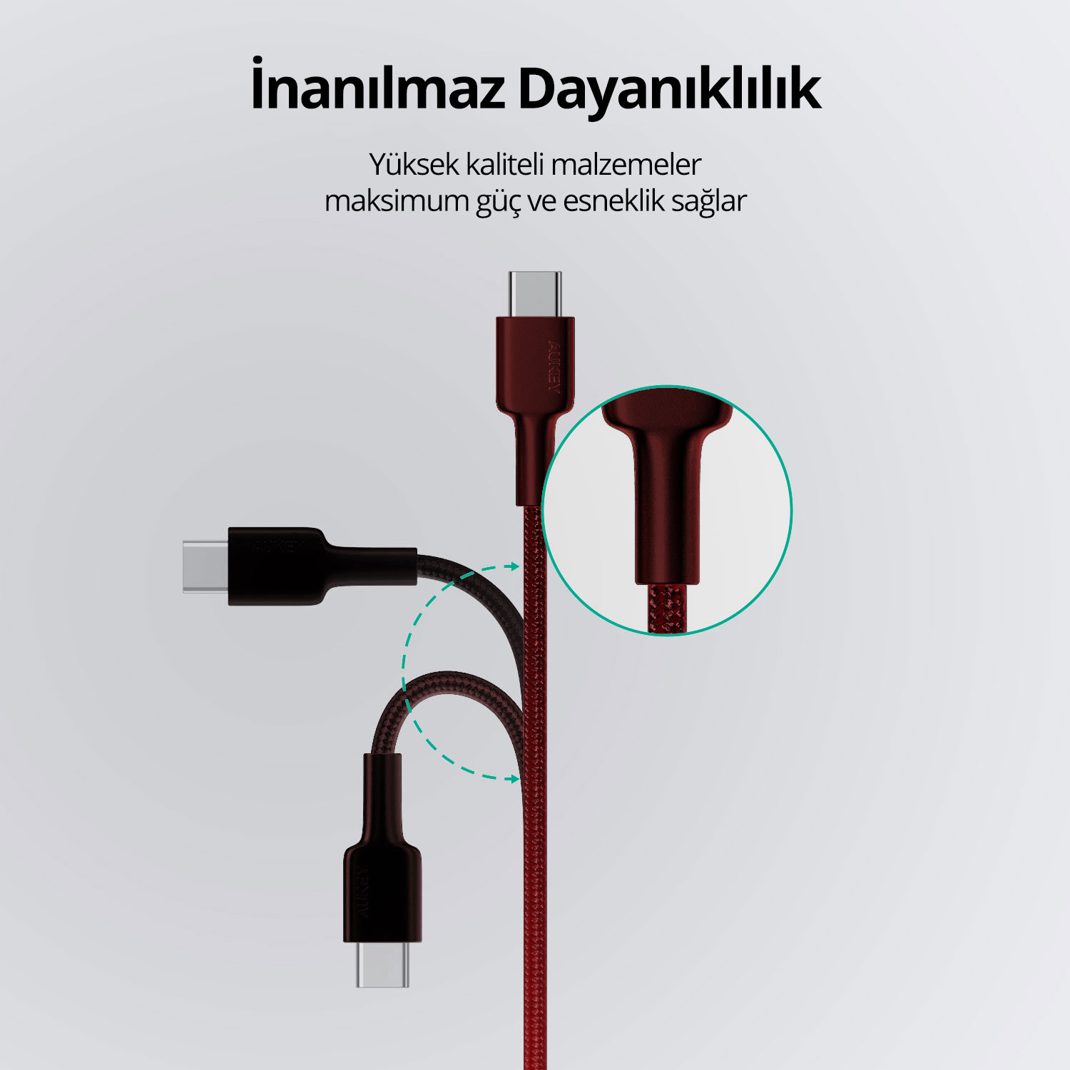 Esnek kırmızı örgülü USB-C kablosu, büyütülmüş eklem görünümüyle dayanıklılığını gösteriyor.