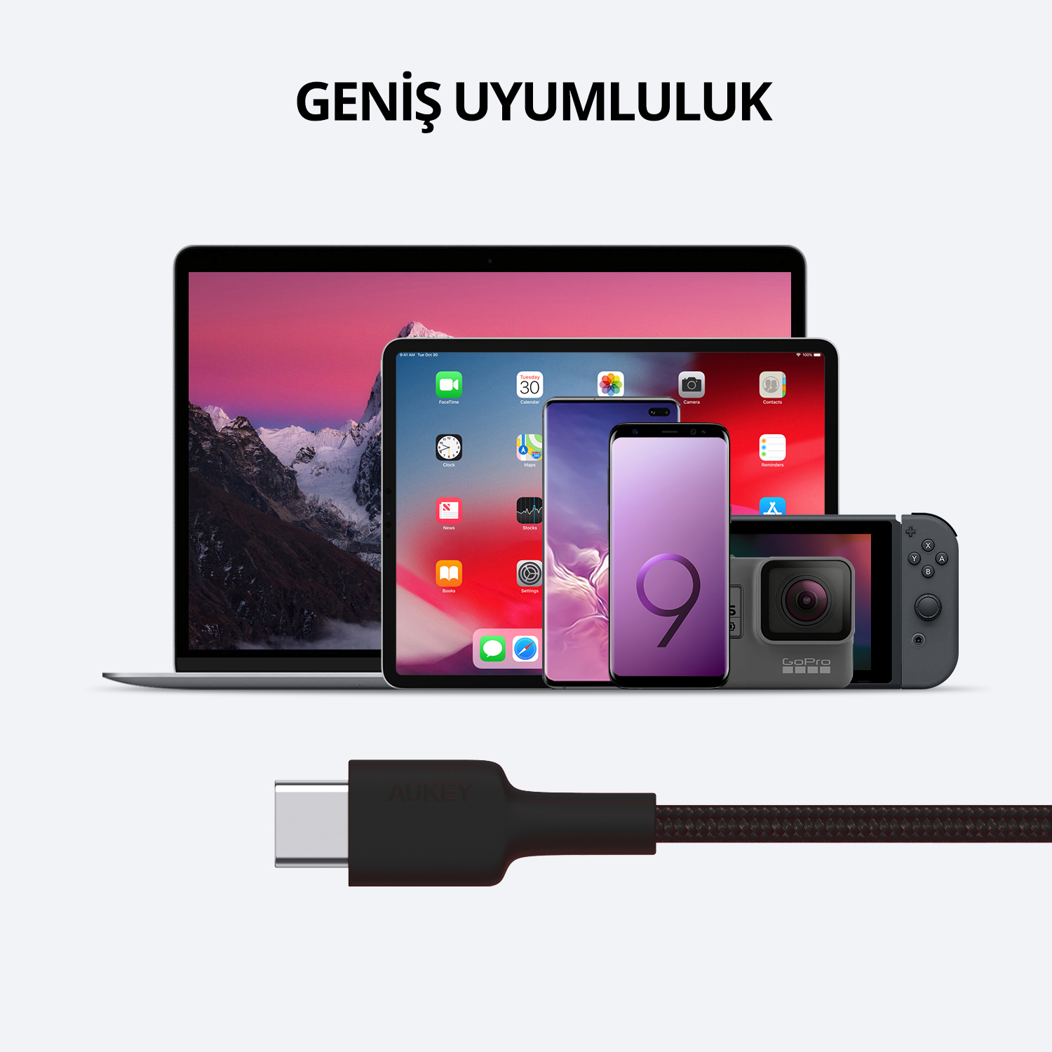Bir Type-C kablosu ve laptop, tablet, akıllı telefonlar, kamera ve konsol gibi uyumlu cihazlar.