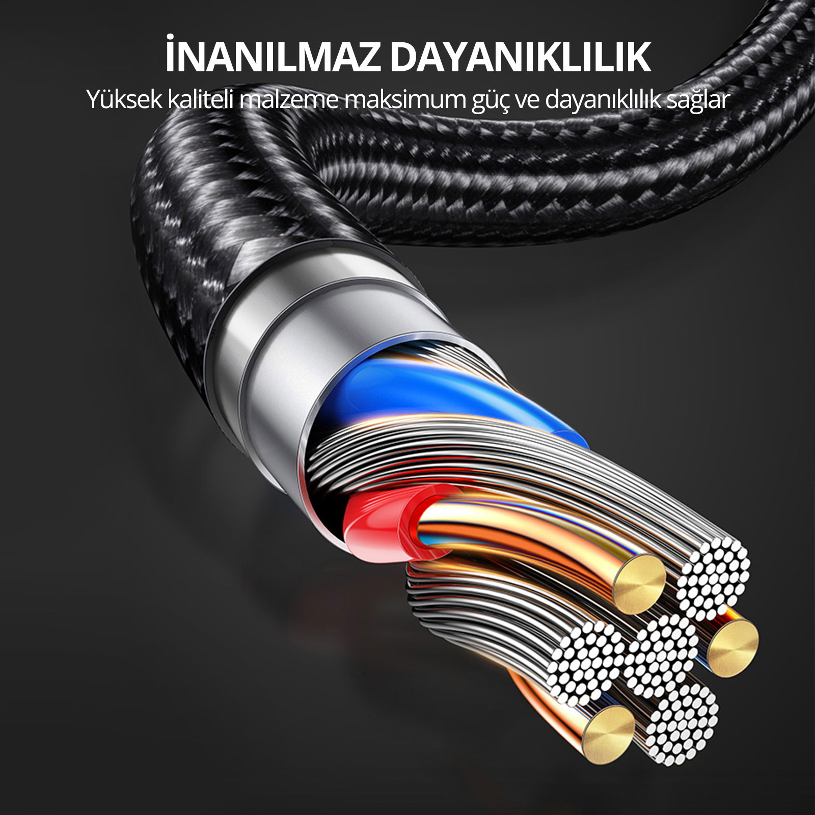 İç kabloları ve metni gösteren kesilmiş örgülü kablonun yakın çekimi.