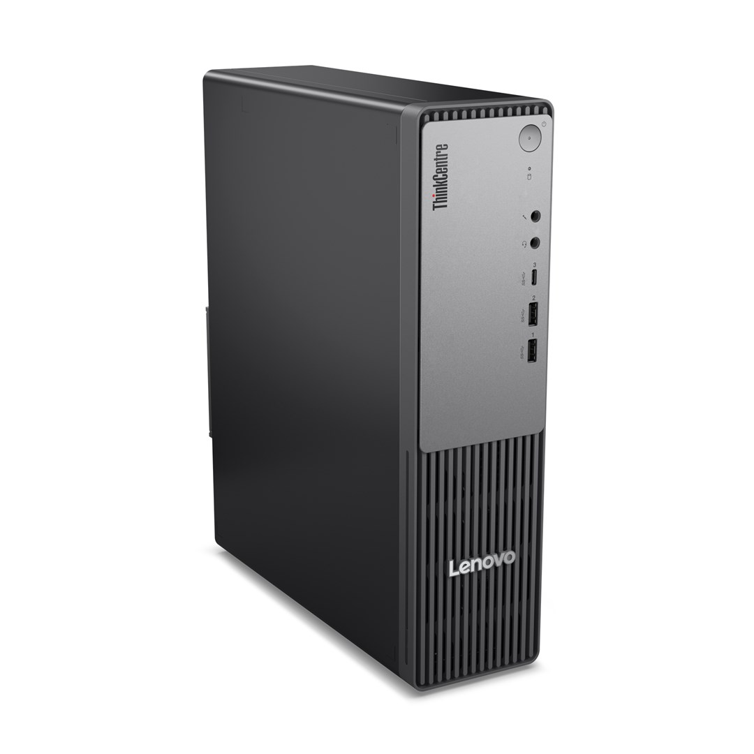 Czarna wieża komputera stacjonarnego Lenovo ThinkCentre stojąca na białej powierzchni.