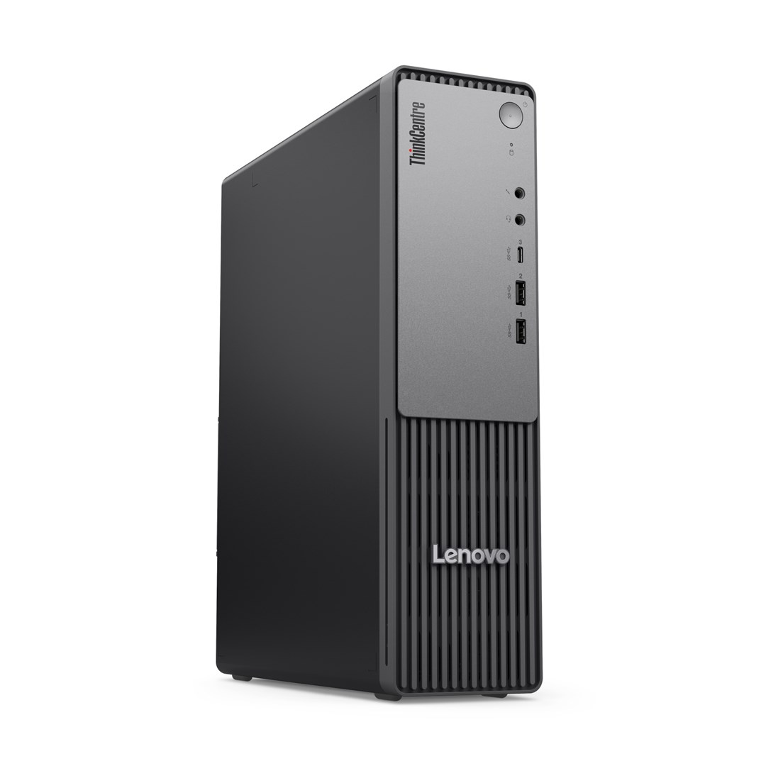 Czarny komputer stacjonarny Lenovo ThinkCentre na białym tle z pionowymi portami z przodu i logo.