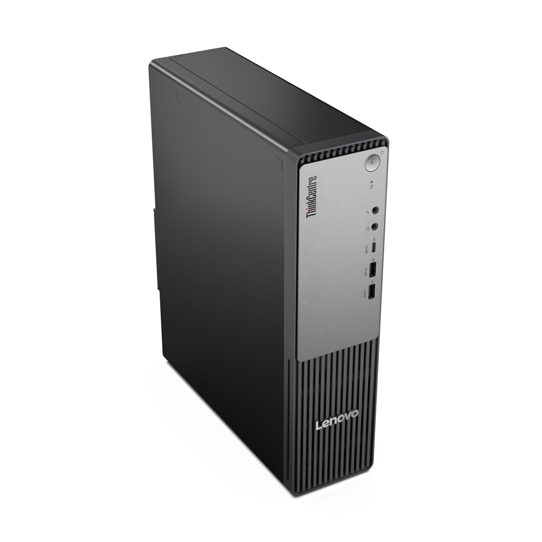Czarna wieża komputera stacjonarnego Lenovo ThinkCentre stoi na białym tle.