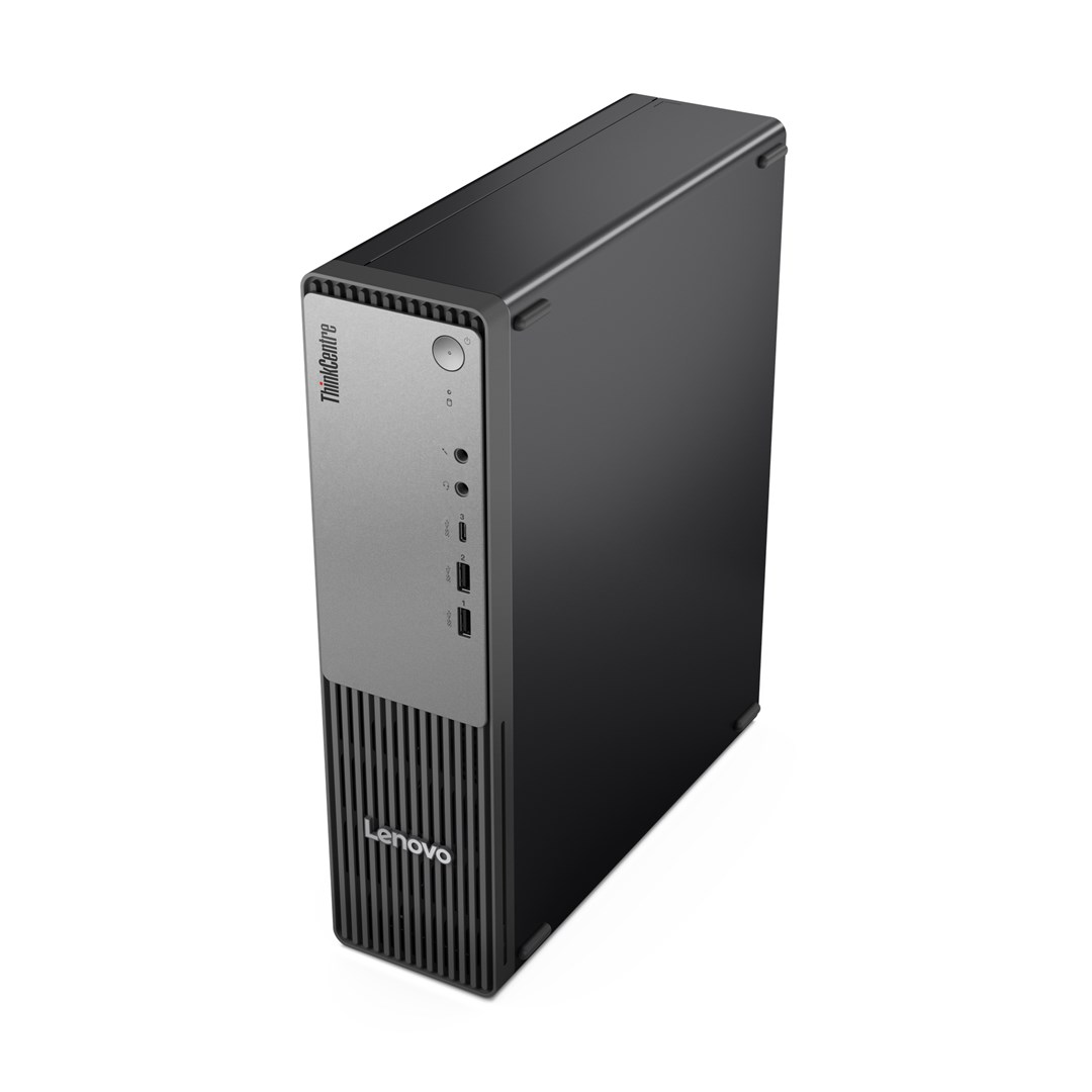 Czarna wieża komputera stacjonarnego Lenovo ThinkCentre stoi na białej powierzchni.