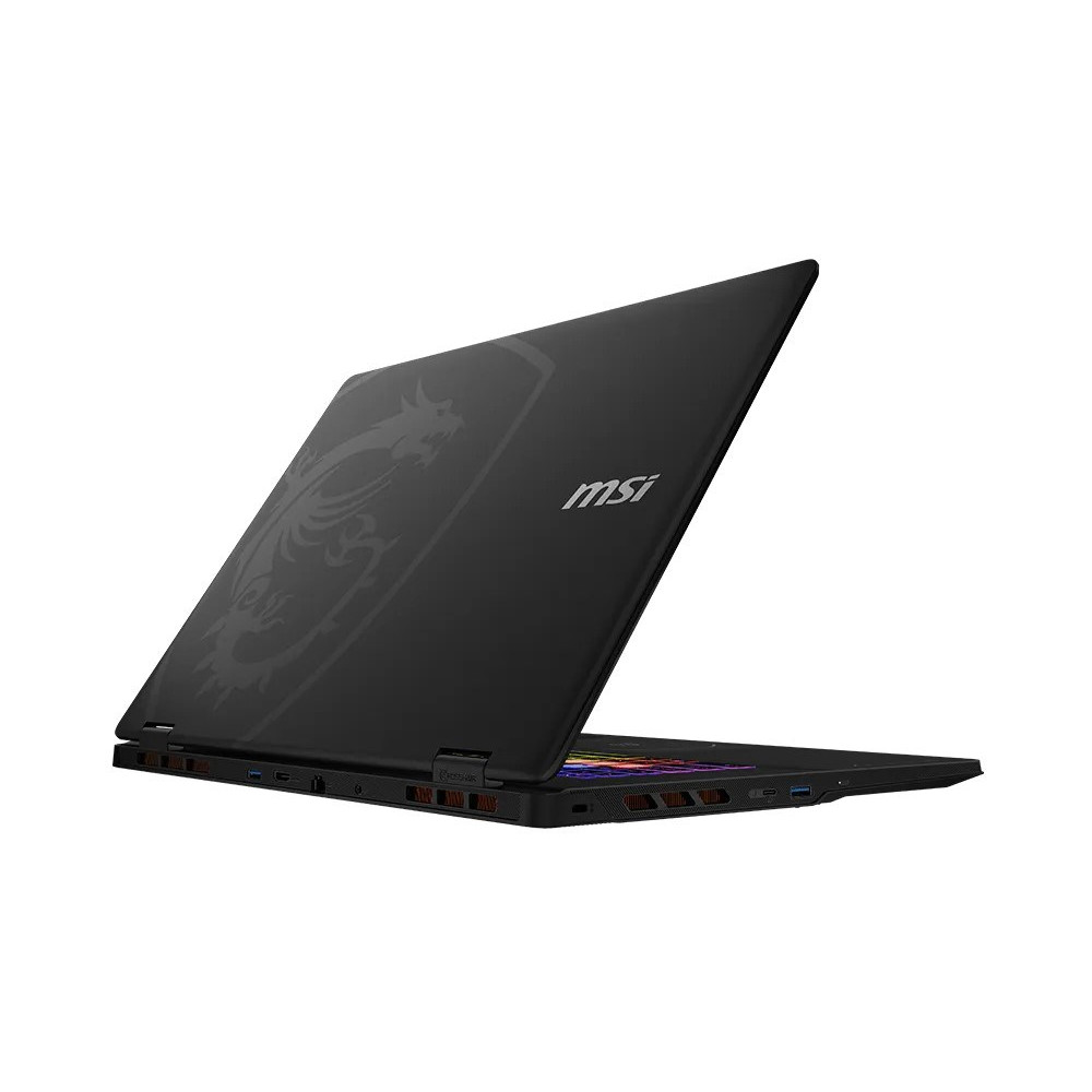 Czarny laptop gamingowy MSI z logo smoka na zamkniętej klapie, na białym tle.
