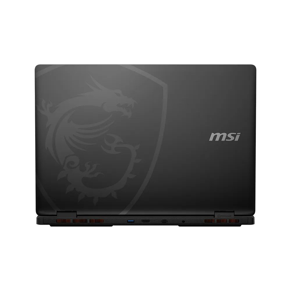 Zamknięty czarny laptop do gier MSI z logo smoka na pokrywie i portami z tyłu.
