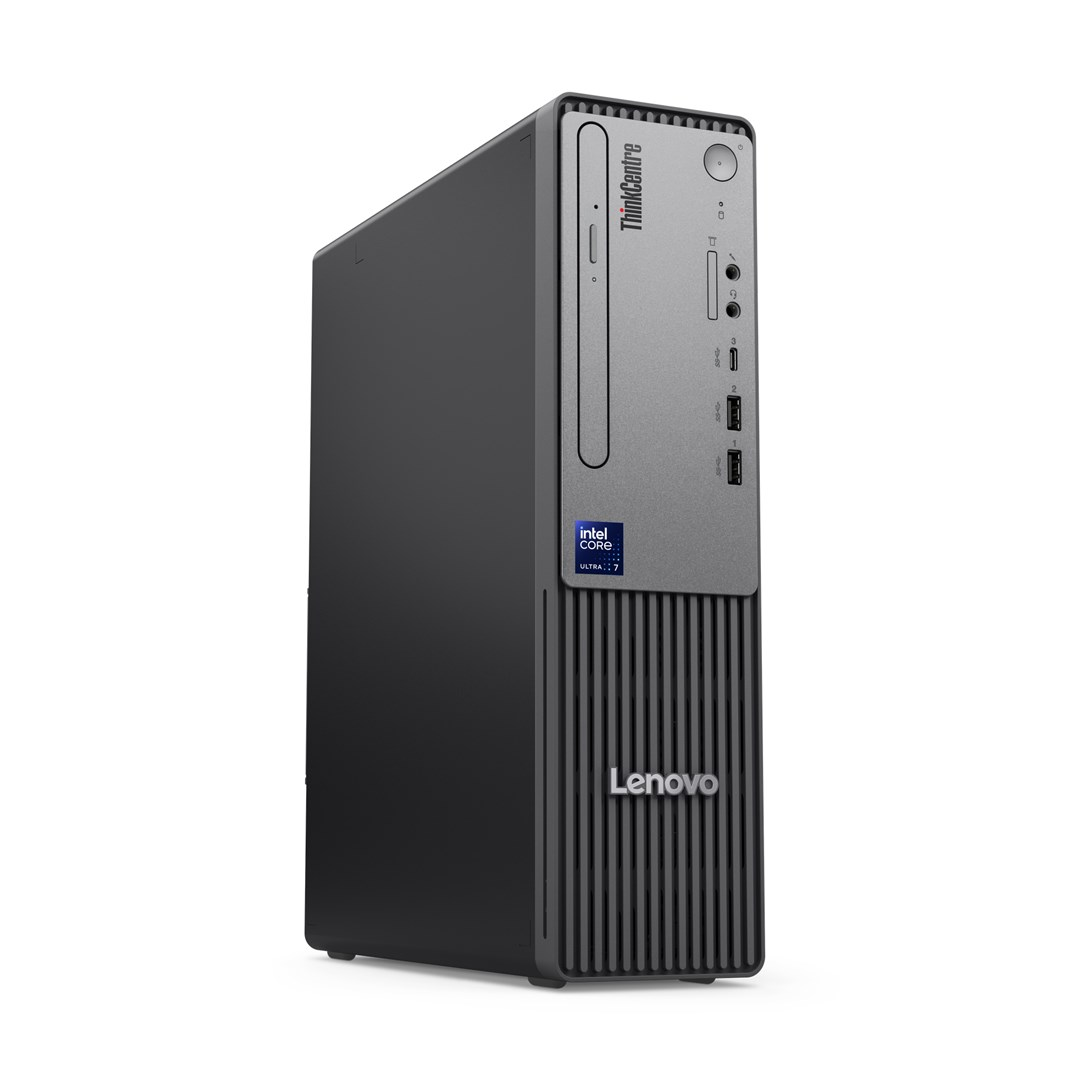 Czarny komputer stacjonarny Lenovo ThinkCentre z logo Intel Core Ultra 7 na białym tle.