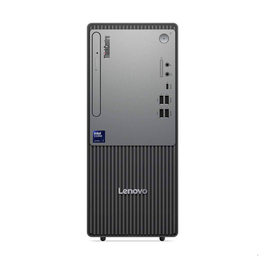 Widok z przodu czarnego komputera stacjonarnego Lenovo ThinkCentre z pionowymi żebrami i górnymi portami.