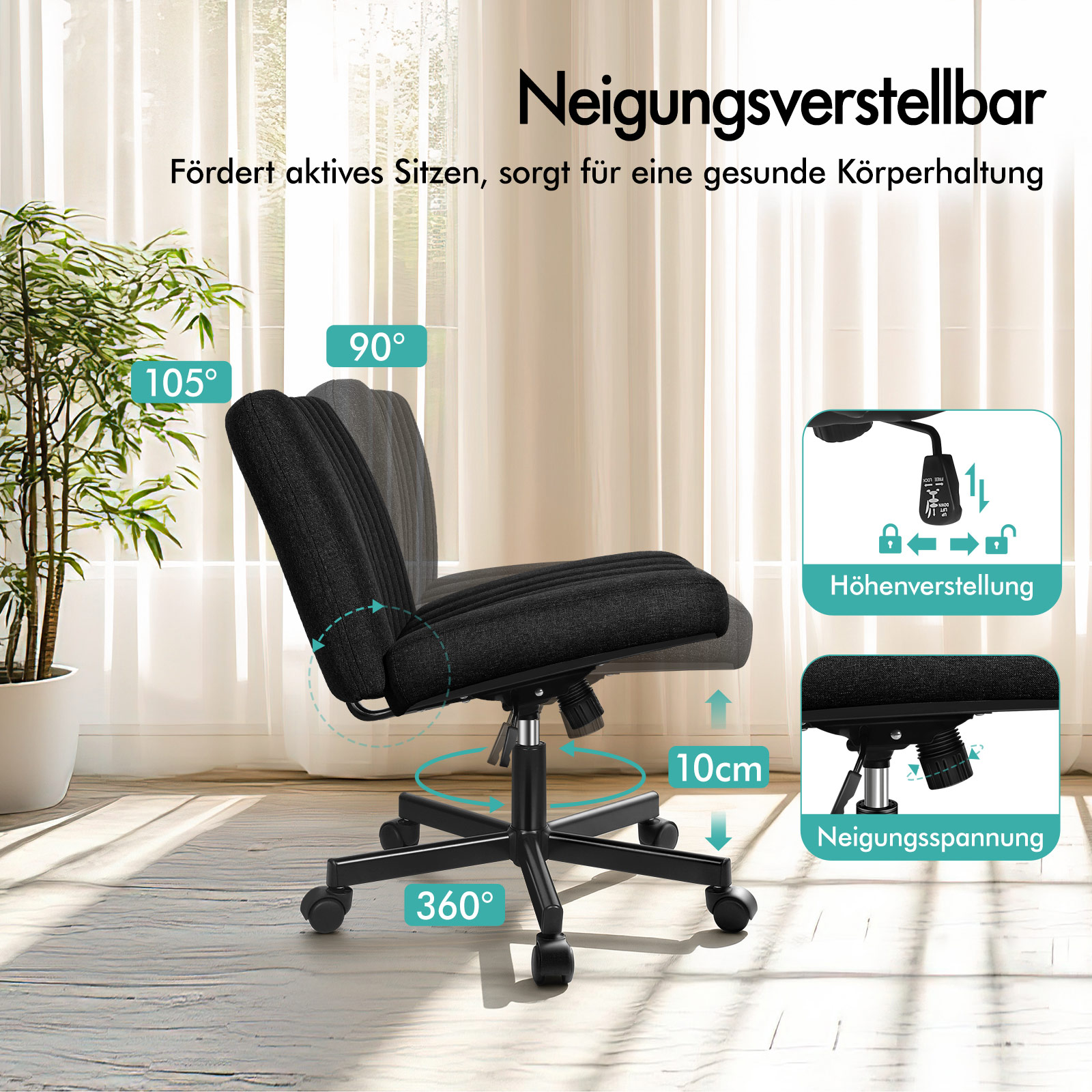 Schwarzer ergonomischer Buerostuhl mit verstellbarer Hoehe, Neigung und Rollen.