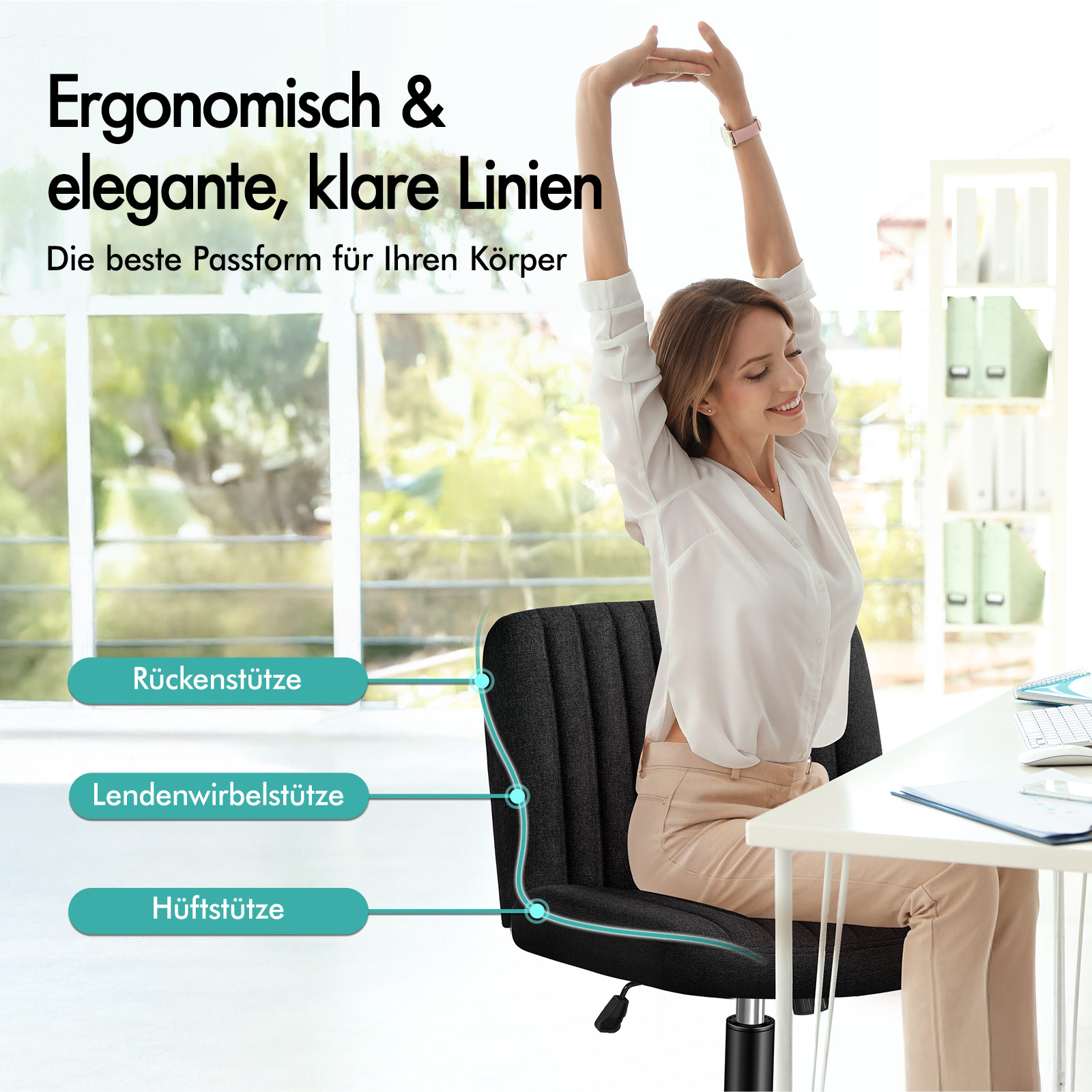 Eine Frau streckt sich in einem schwarzen Bürostuhl, mit Texten zu ergonomischen Merkmalen.