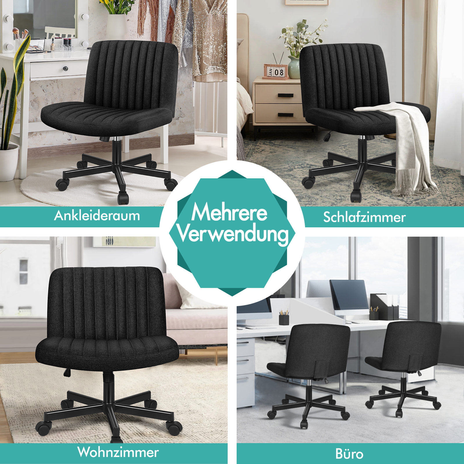 Vier Bilder zeigen denselben schwarzen Drehstuhl in verschiedenen Räumen wie Ankleidezimmer, Schlafzimmer, Wohnzimmer und Büro.