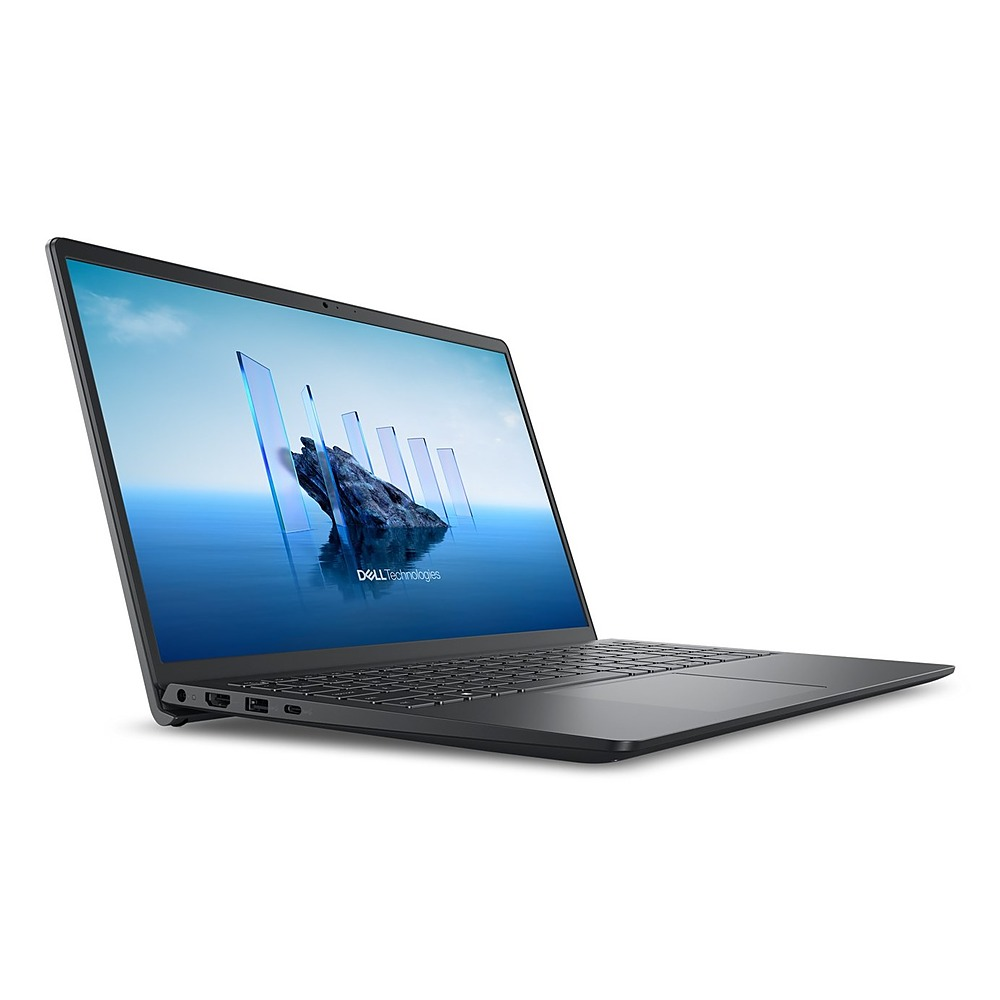 Czarny laptop widziany z boku, otwarty z niebieską abstrakcyjną tapetą na ekranie na białym tle.