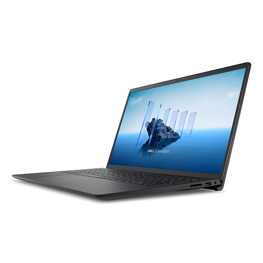 Czarny laptop Dell na białym tle z niebieską tapetą ekranu.