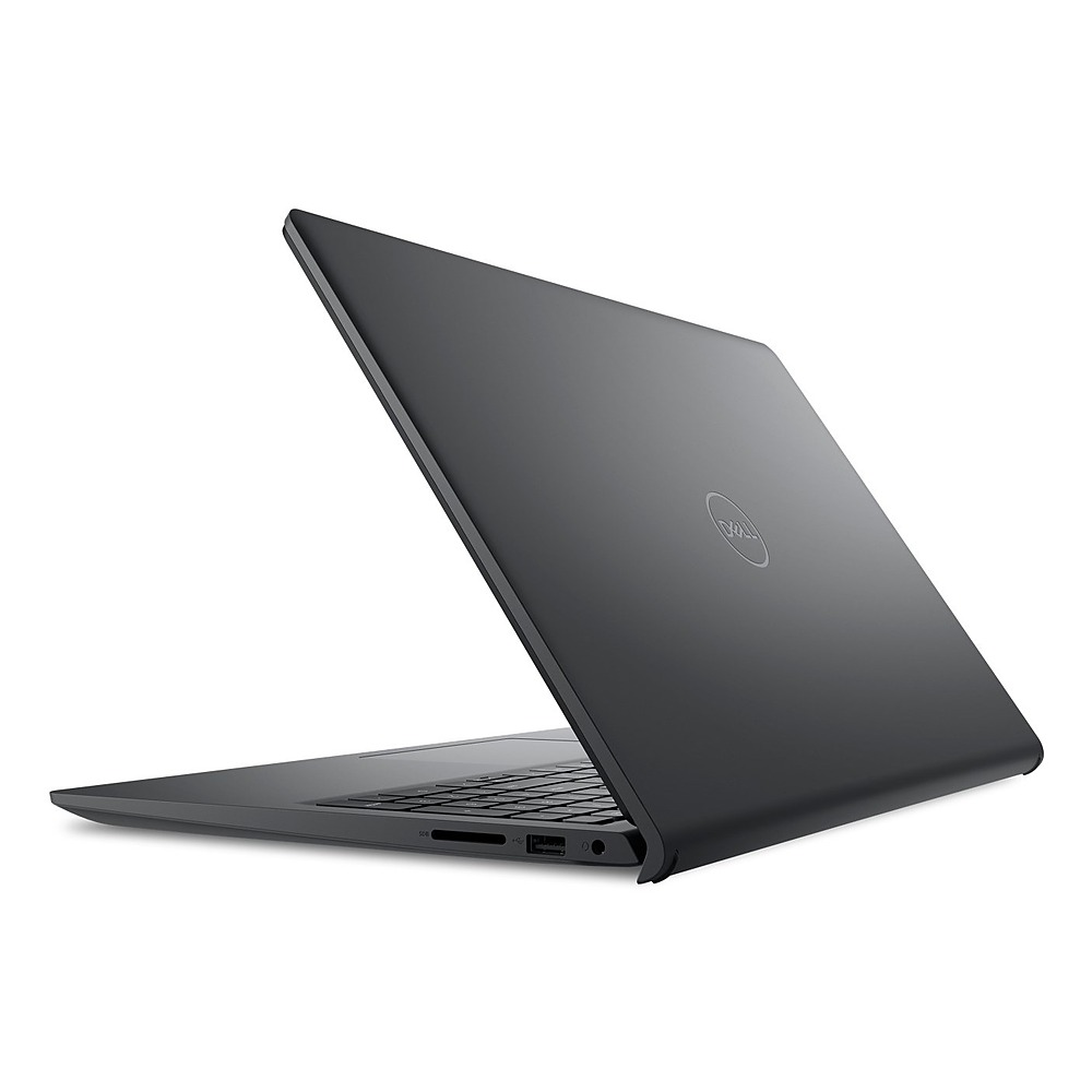 Zamknięty czarny laptop Dell stoi na białej powierzchni z widocznym portem.