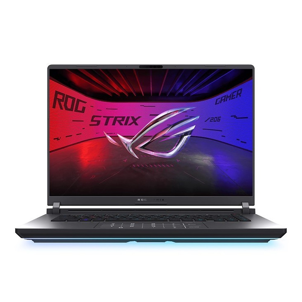 Laptop do gier ROG Strix z kolorowym ekranem i logo ROG na czerwono-niebieskim tle.