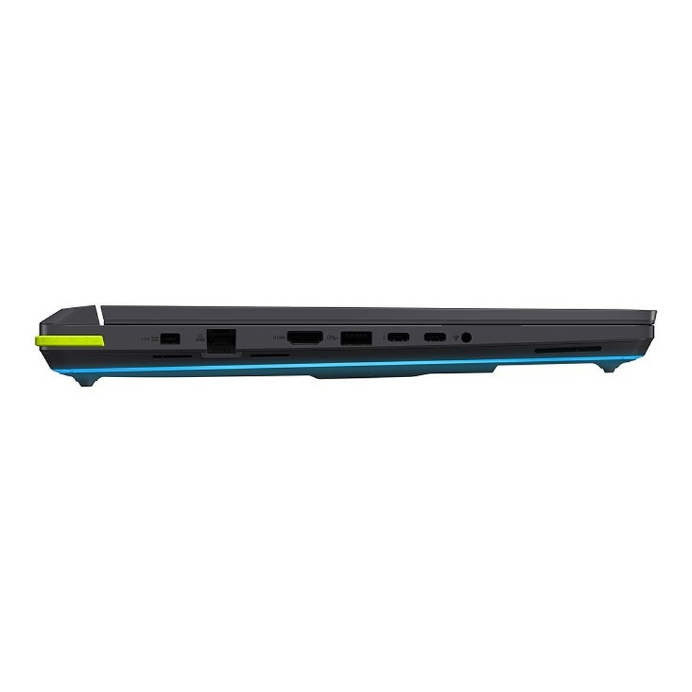 Zbliżenie bocznego profilu laptopa z portami, gniazdami USB i świecącym na niebiesko dolnym brzegiem.