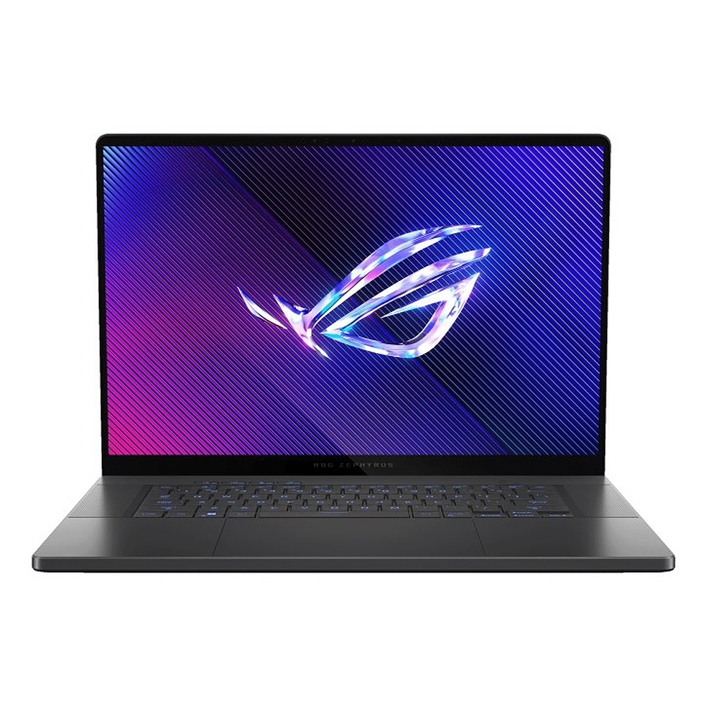Czarny laptop Asus ROG Zephyrus z świecącym logo na ekranie.
